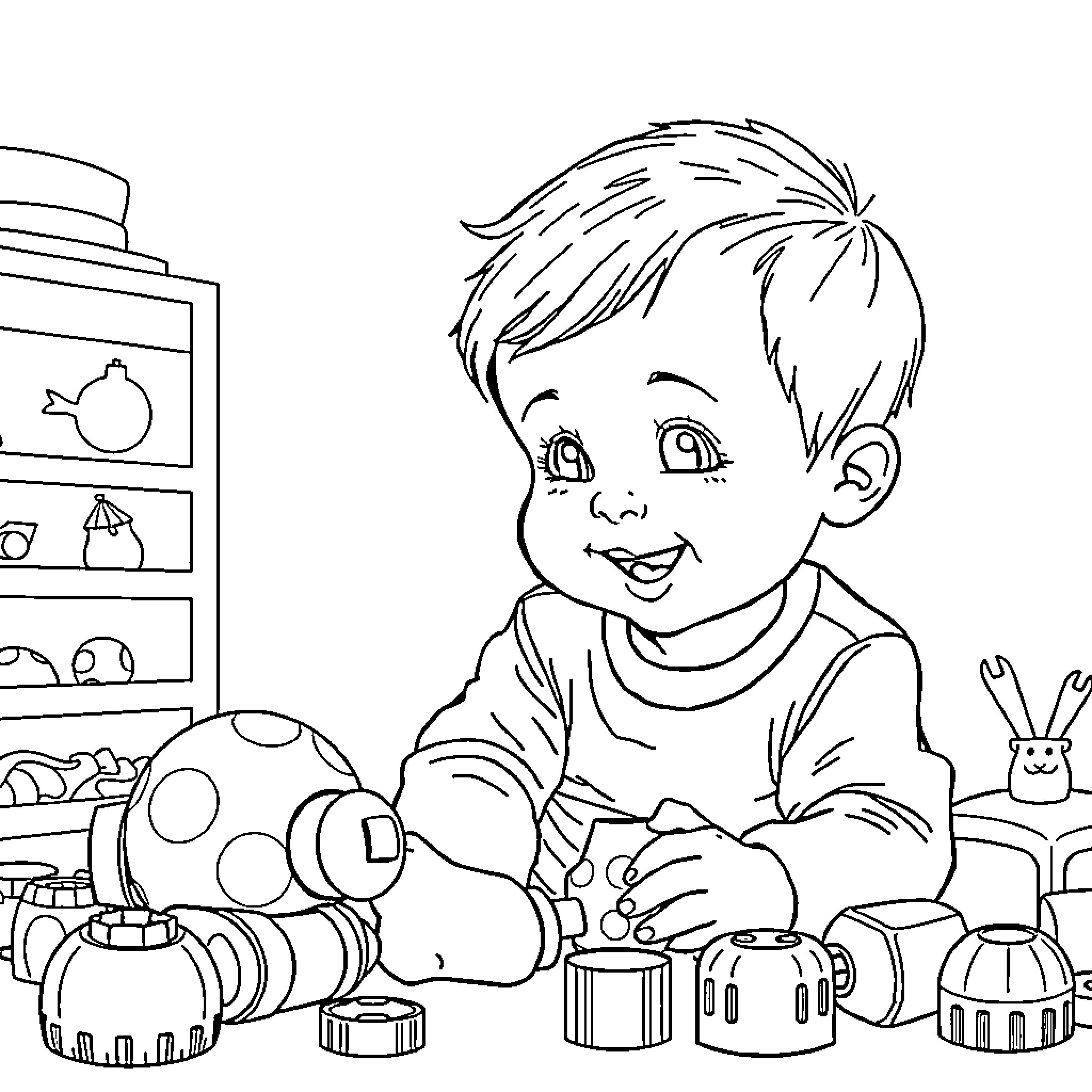 Child playing with toys in the bedroom Coloring Page (free black-and-white line drawing printable PDF for all, from beginners to advanced learners, including children, teens, adults, and seniors)