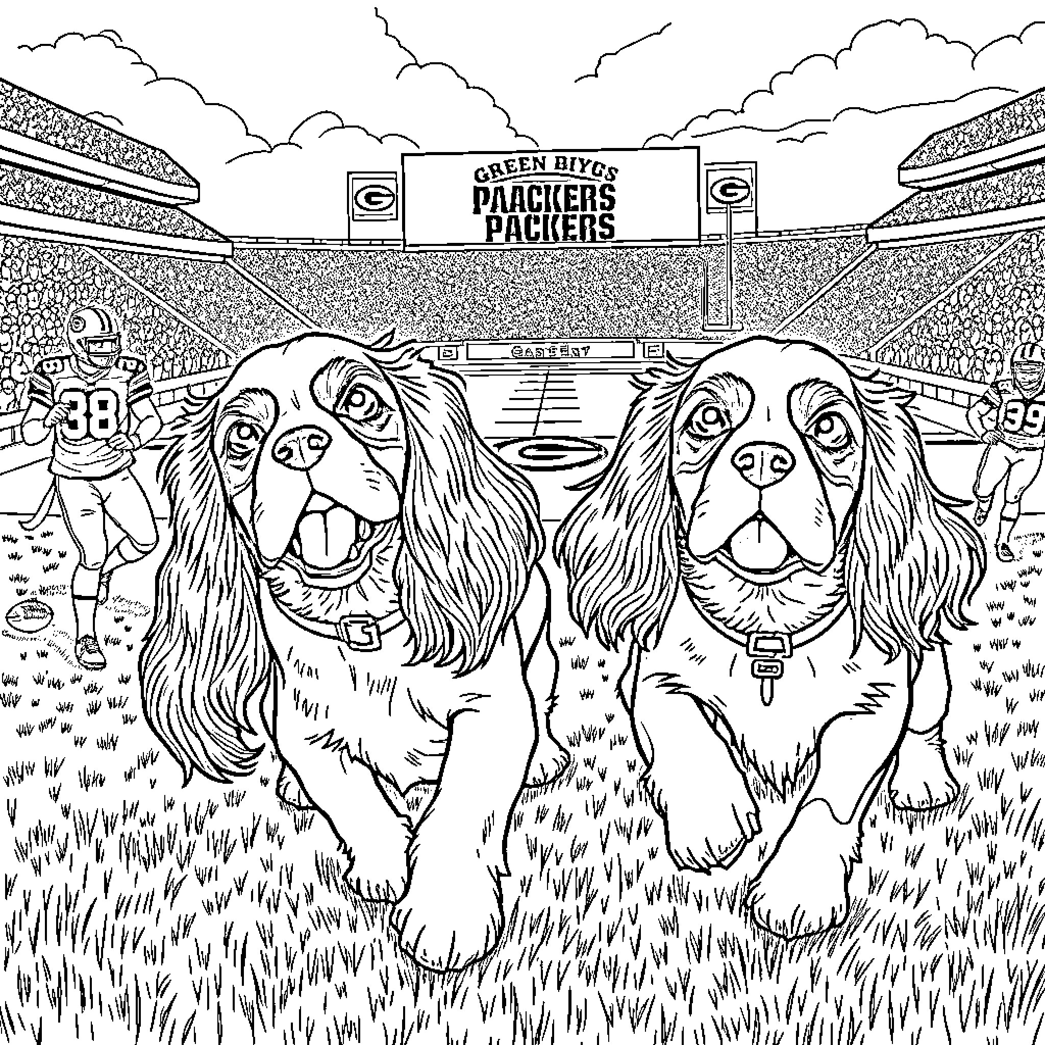 Cavalier King Charles Spaniels enjoying a day at the stadium Coloring Page (free black-and-white line drawing printable PDF for all, from beginners to advanced learners, including children, teens, adults, and seniors)