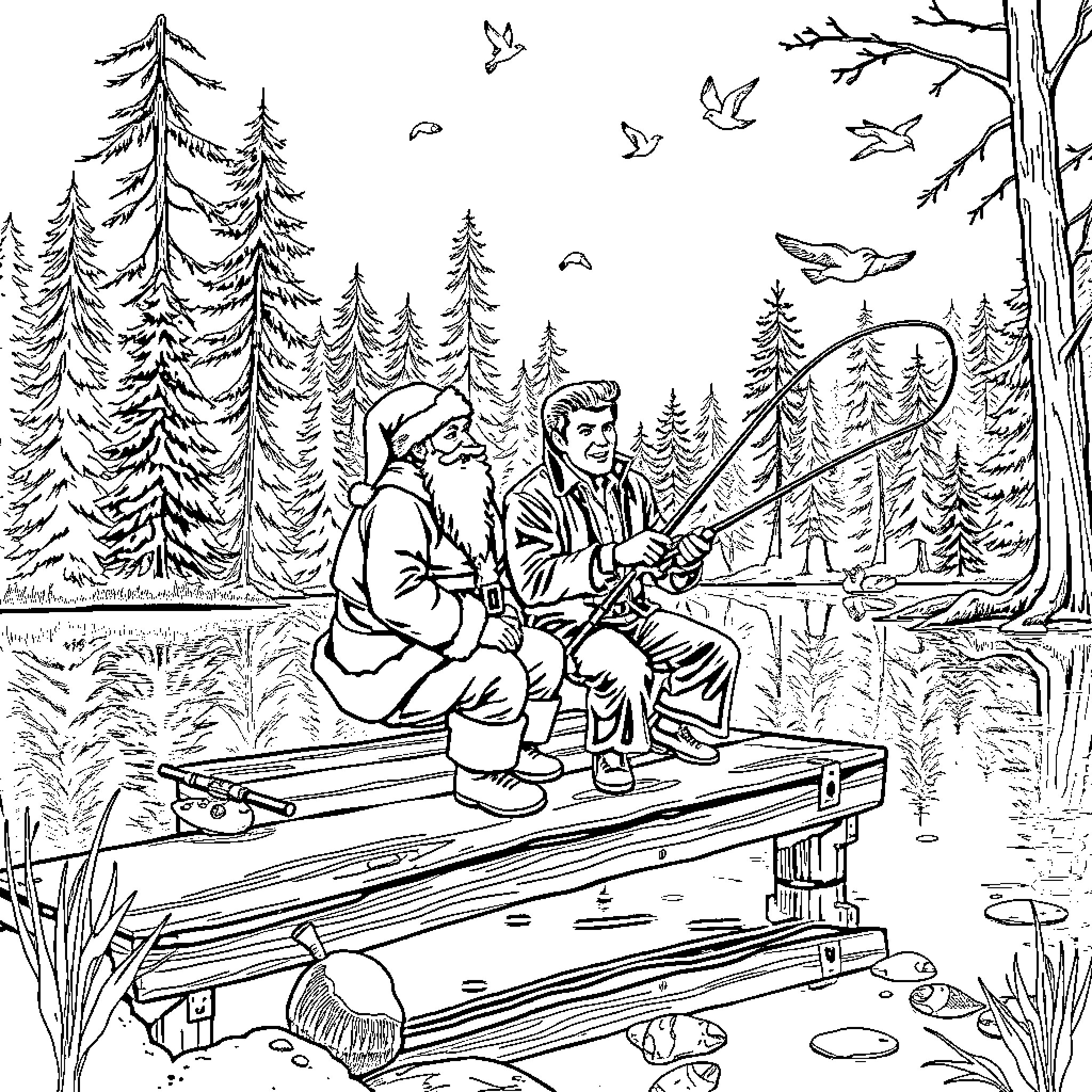 Santa and friend fishing in winter wonderland Coloring Page (free black-and-white line drawing printable PDF for all, from beginners to advanced learners, including children, teens, adults, and seniors)