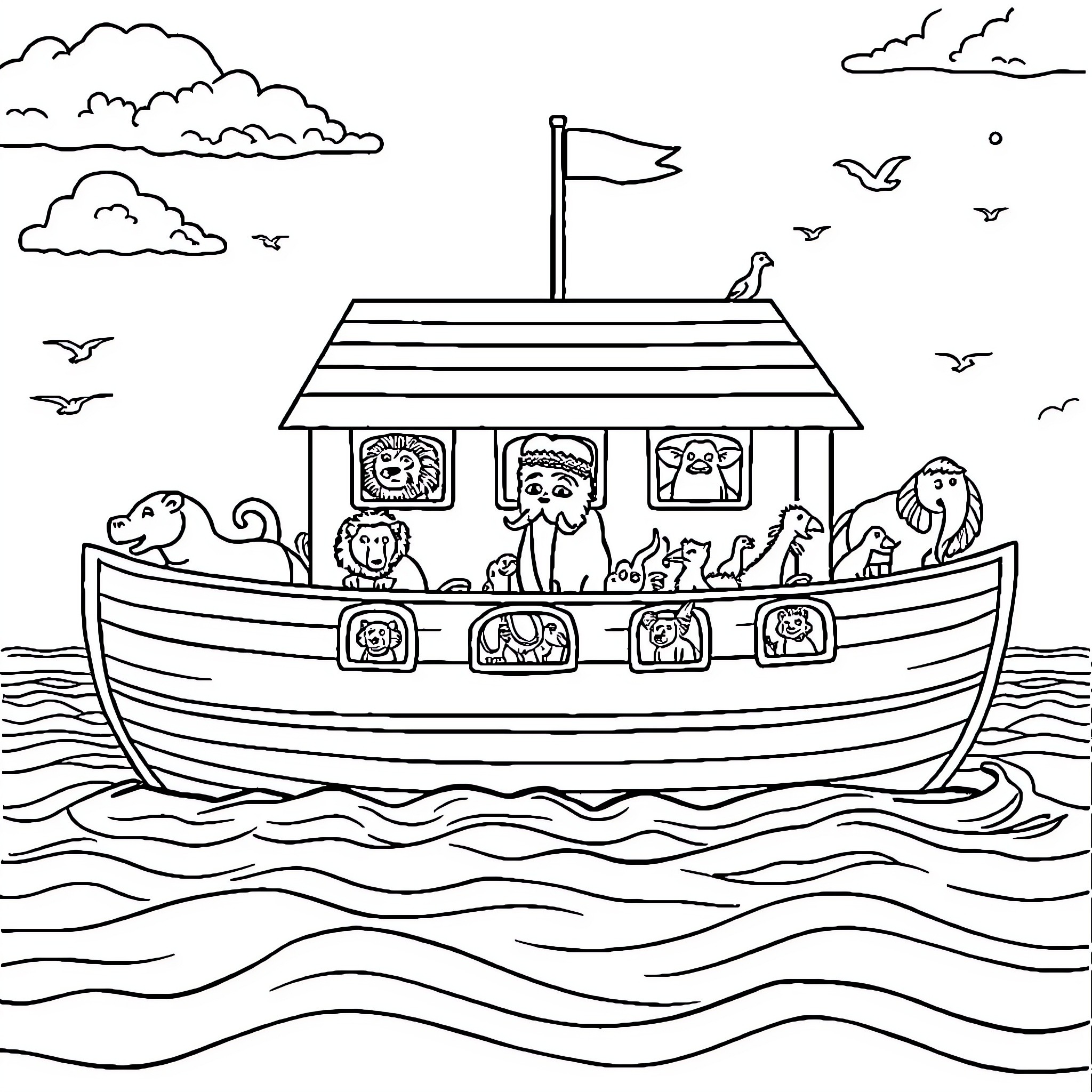 Noah's Ark with various animals sailing on the sea Coloring Page (free black-and-white line drawing printable PDF for all, from beginners to advanced learners, including children, teens, adults, and seniors)