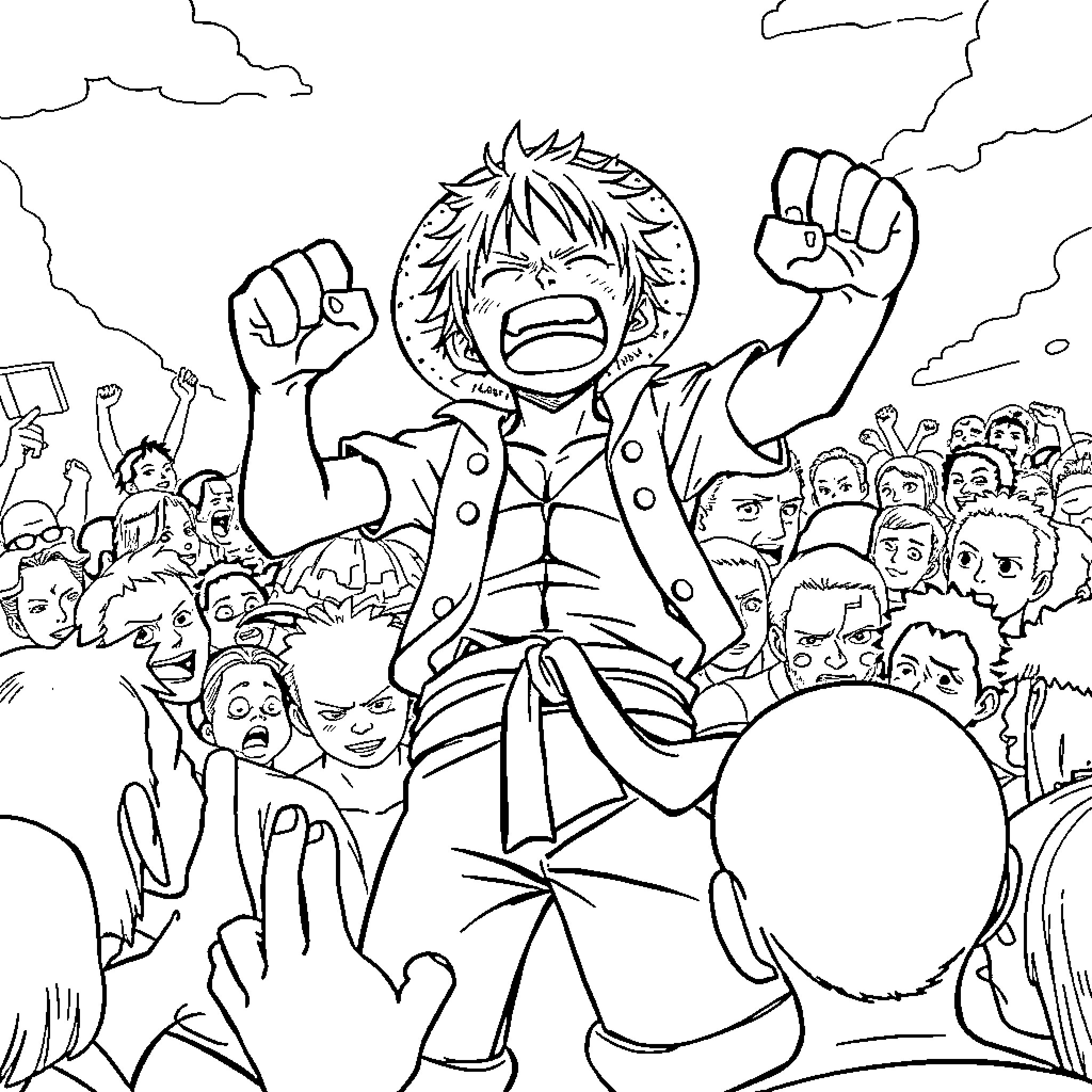 Luffy leading a crowd with passionate expression Coloring Page (free black-and-white line drawing printable PDF for all, from beginners to advanced learners, including children, teens, adults, and seniors)