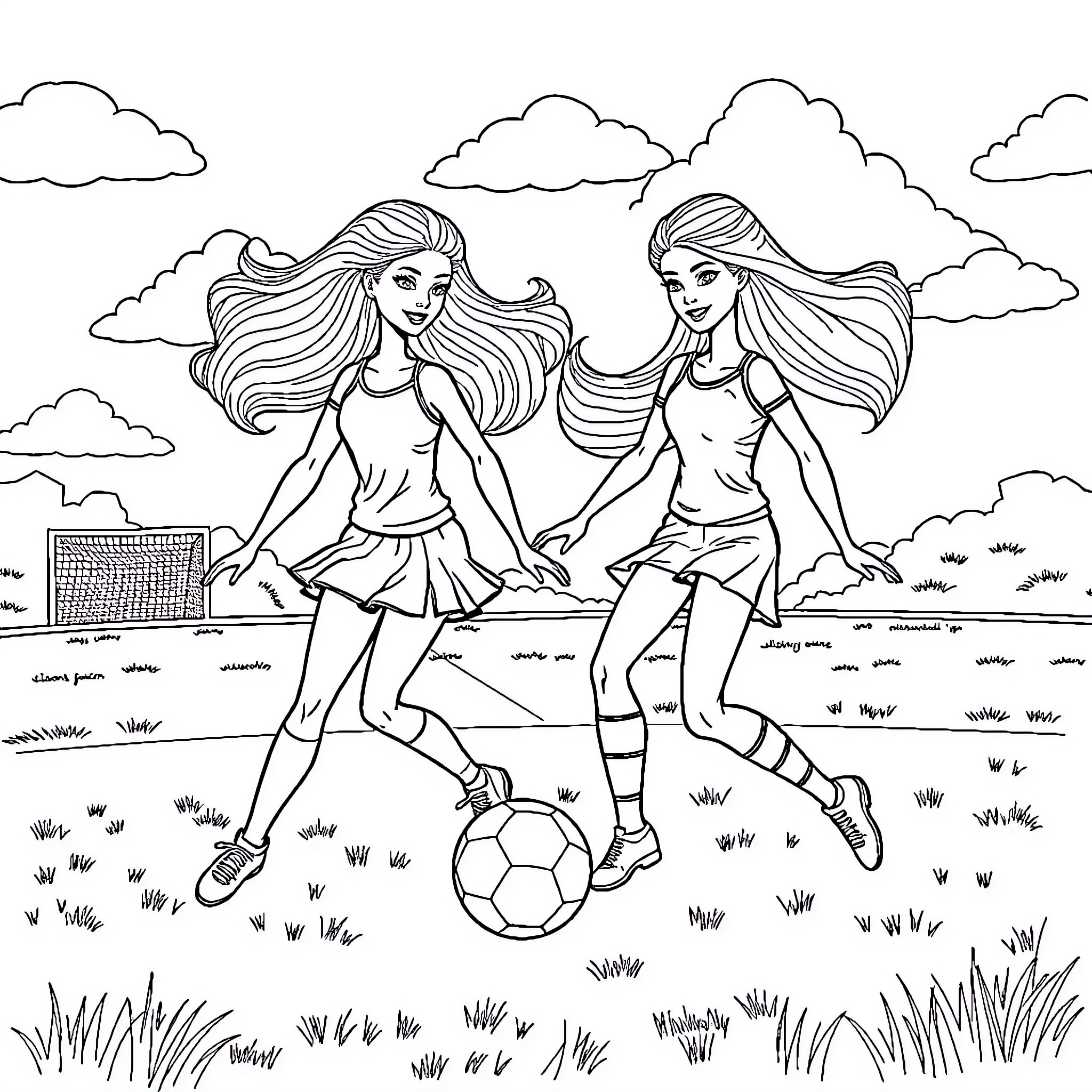 Barbie girls playing soccer in the park Coloring Page (free black-and-white line drawing printable PDF for all, from beginners to advanced learners, including children, teens, adults, and seniors)