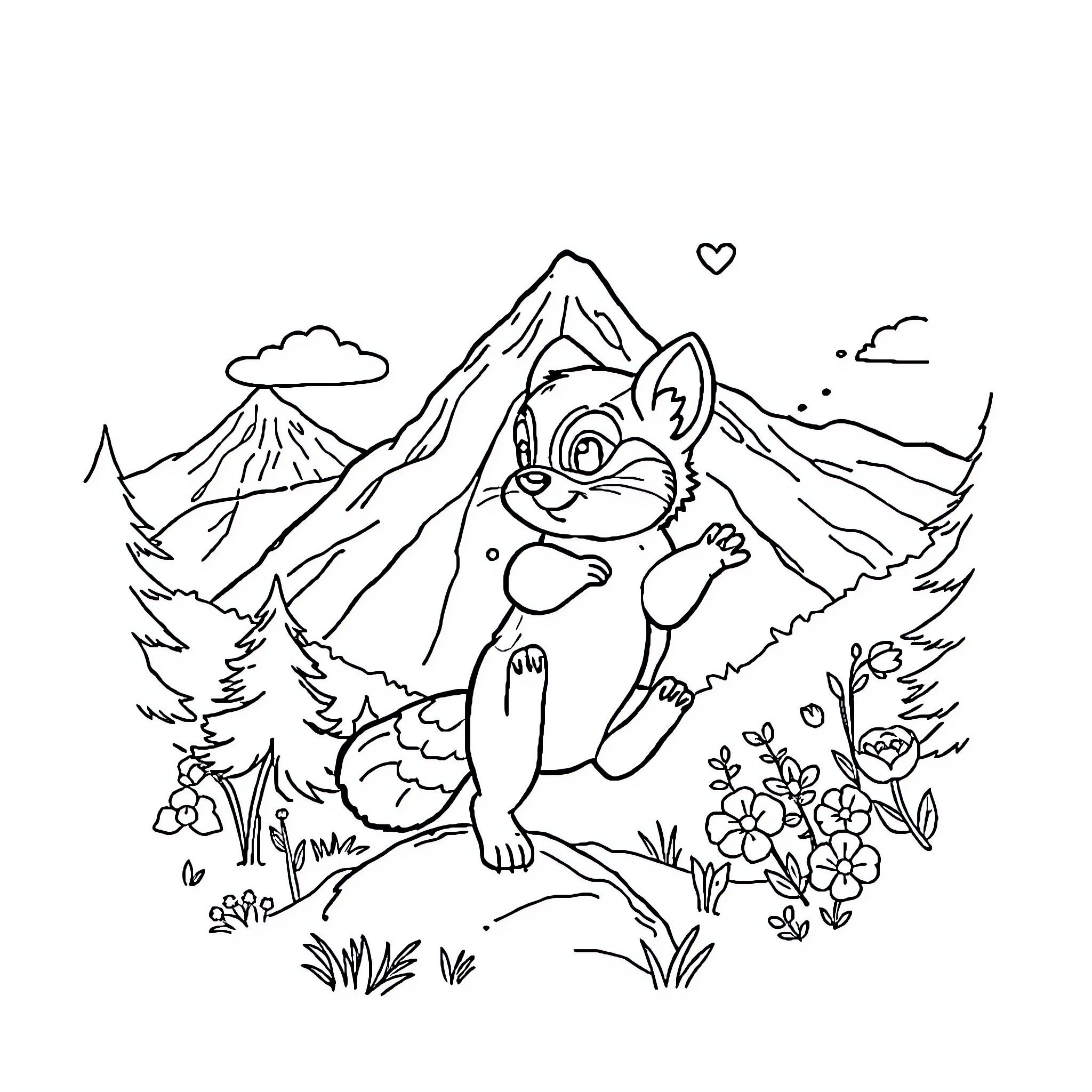 Puppy frolicking in nature's beauty Coloring Page (free black-and-white line drawing printable PDF for all, from beginners to advanced learners, including children, teens, adults, and seniors)