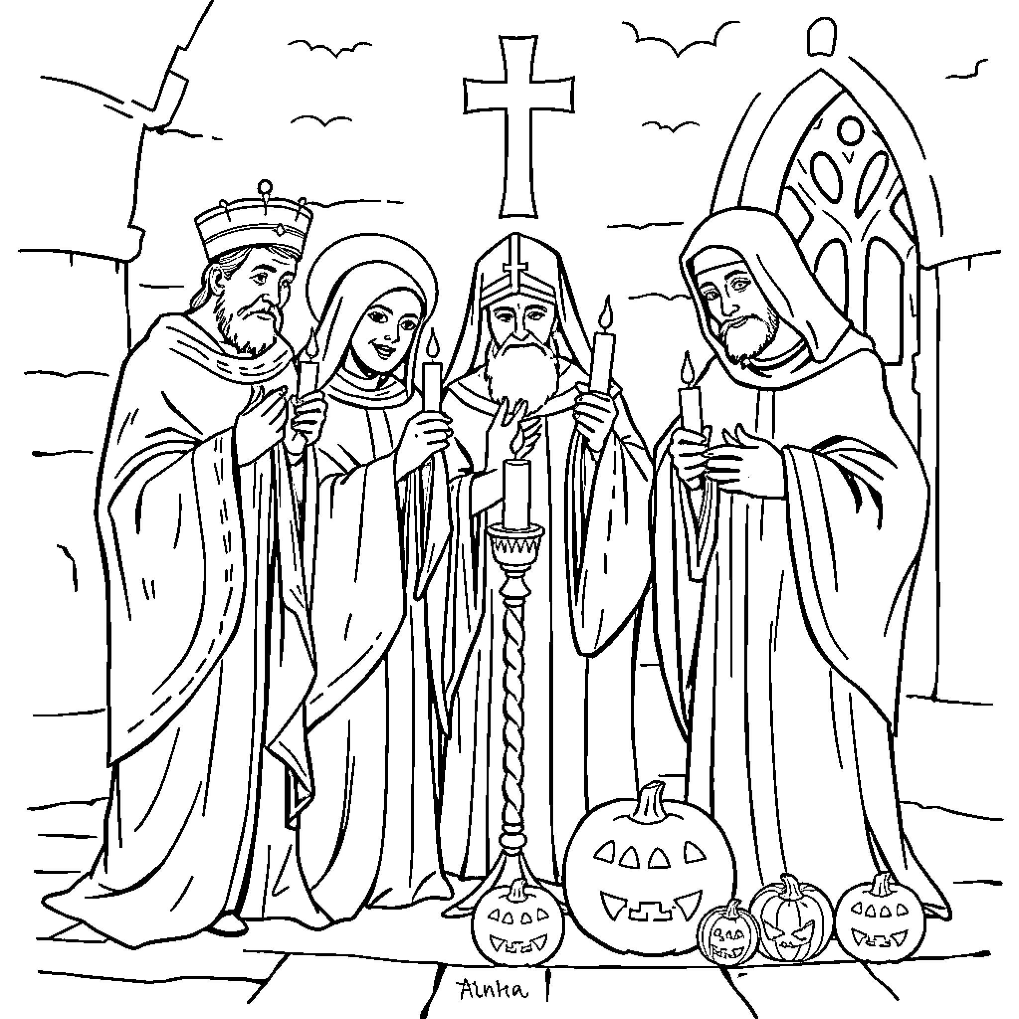 Saints in solemn religious procession Coloring Page (free black-and-white line drawing printable PDF for all, from beginners to advanced learners, including children, teens, adults, and seniors)