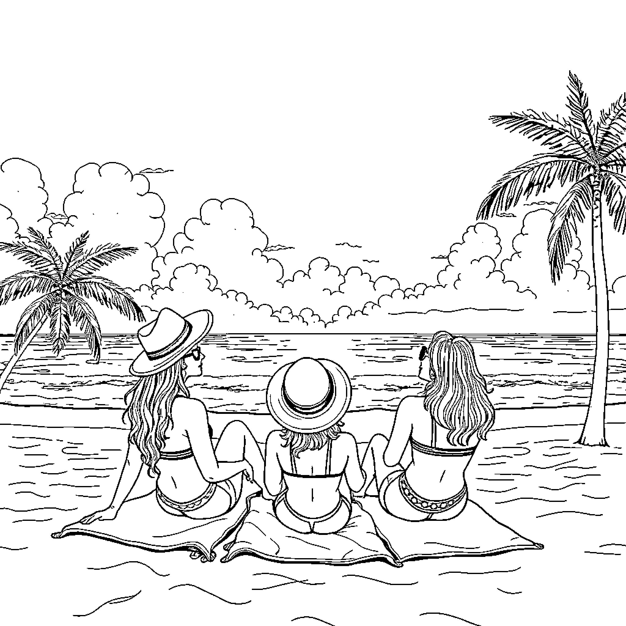 Lady Enjoying Tropical Beach with Friends Coloring Page (free black-and-white line drawing printable PDF for all, from beginners to advanced learners, including children, teens, adults, and seniors)