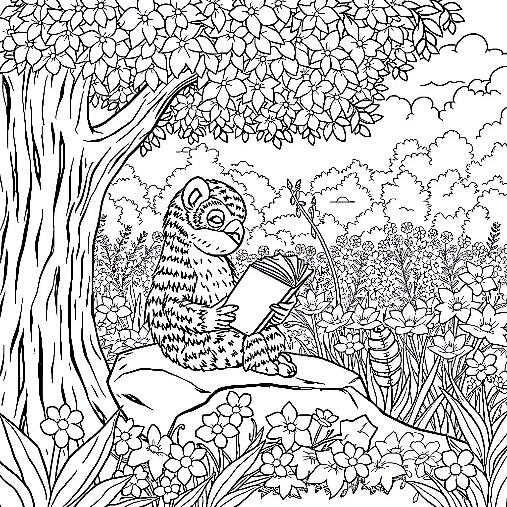 Bear explores the vibrant floral landscape Coloring Page (free black-and-white line drawing printable PDF for all, from beginners to advanced learners, including children, teens, adults, and seniors)