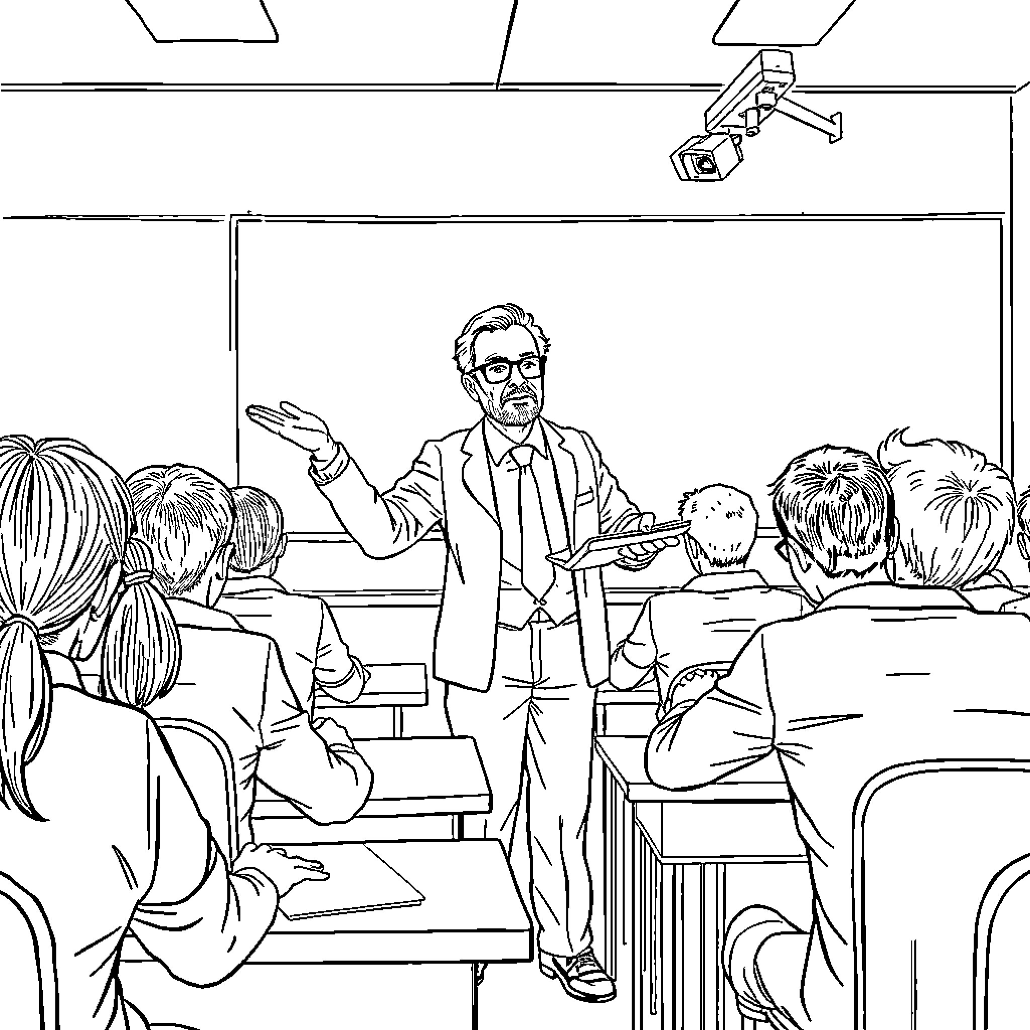 Professeur teaching students in the classroom Coloring Page (free black-and-white line drawing printable PDF for all, from beginners to advanced learners, including children, teens, adults, and seniors)