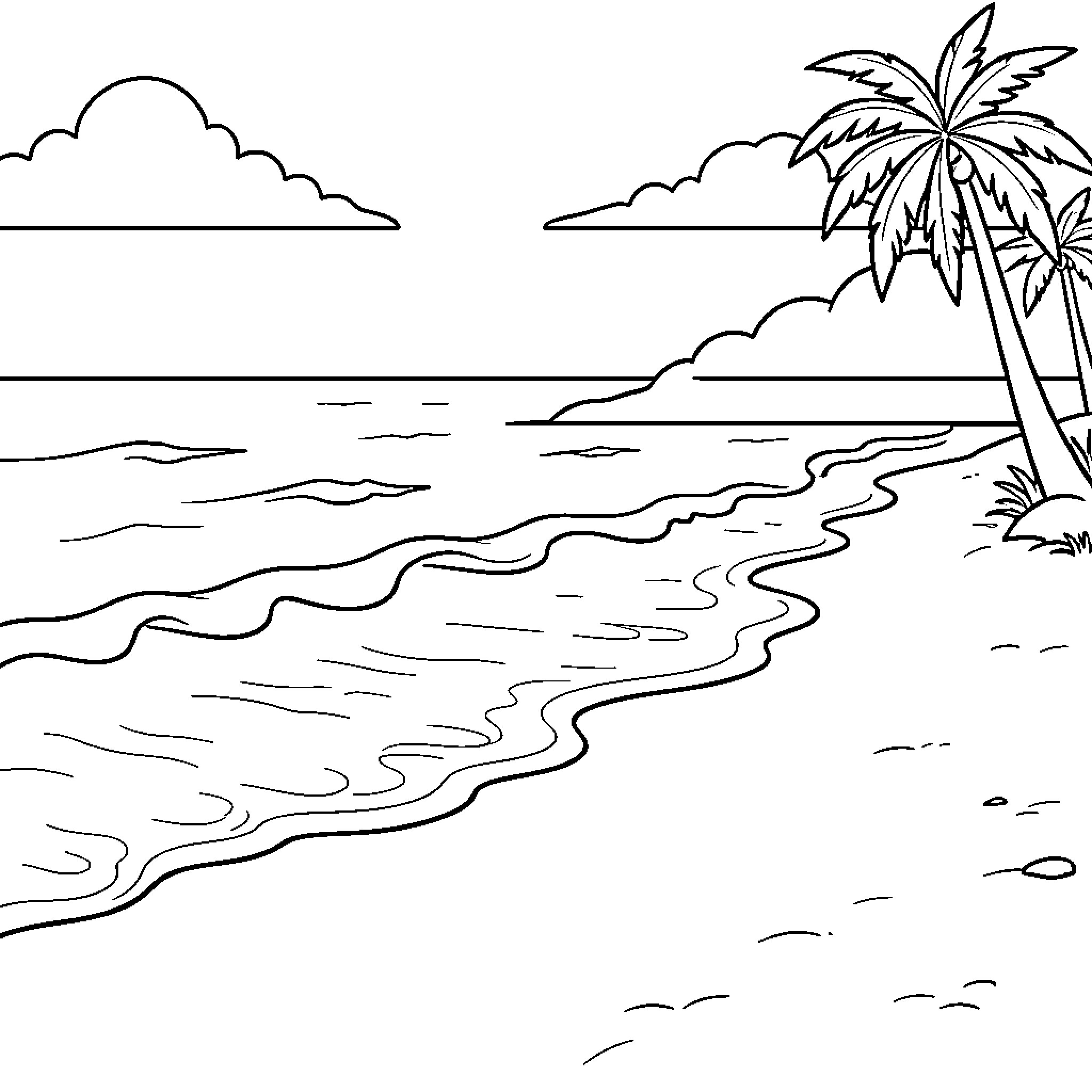 Beach waves washing onto the sandy shore Coloring Page (free black-and-white line drawing printable PDF for all, from beginners to advanced learners, including children, teens, adults, and seniors)