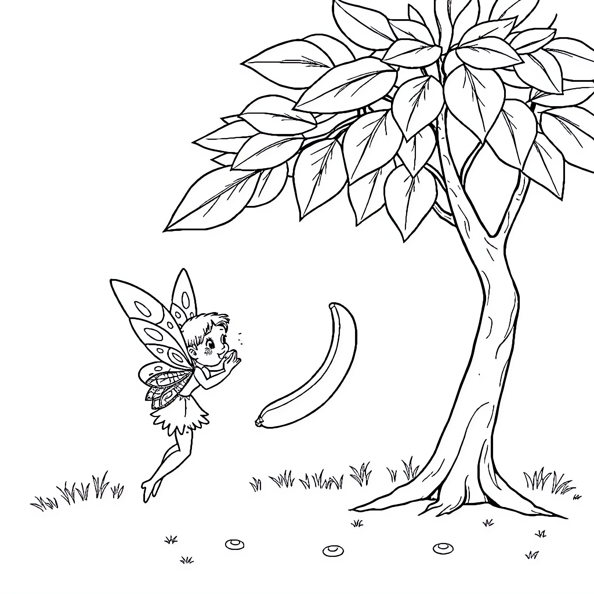 Fairy flying playfully near blooming tree Coloring Page (free black-and-white line drawing printable PDF for all, from beginners to advanced learners, including children, teens, adults, and seniors)