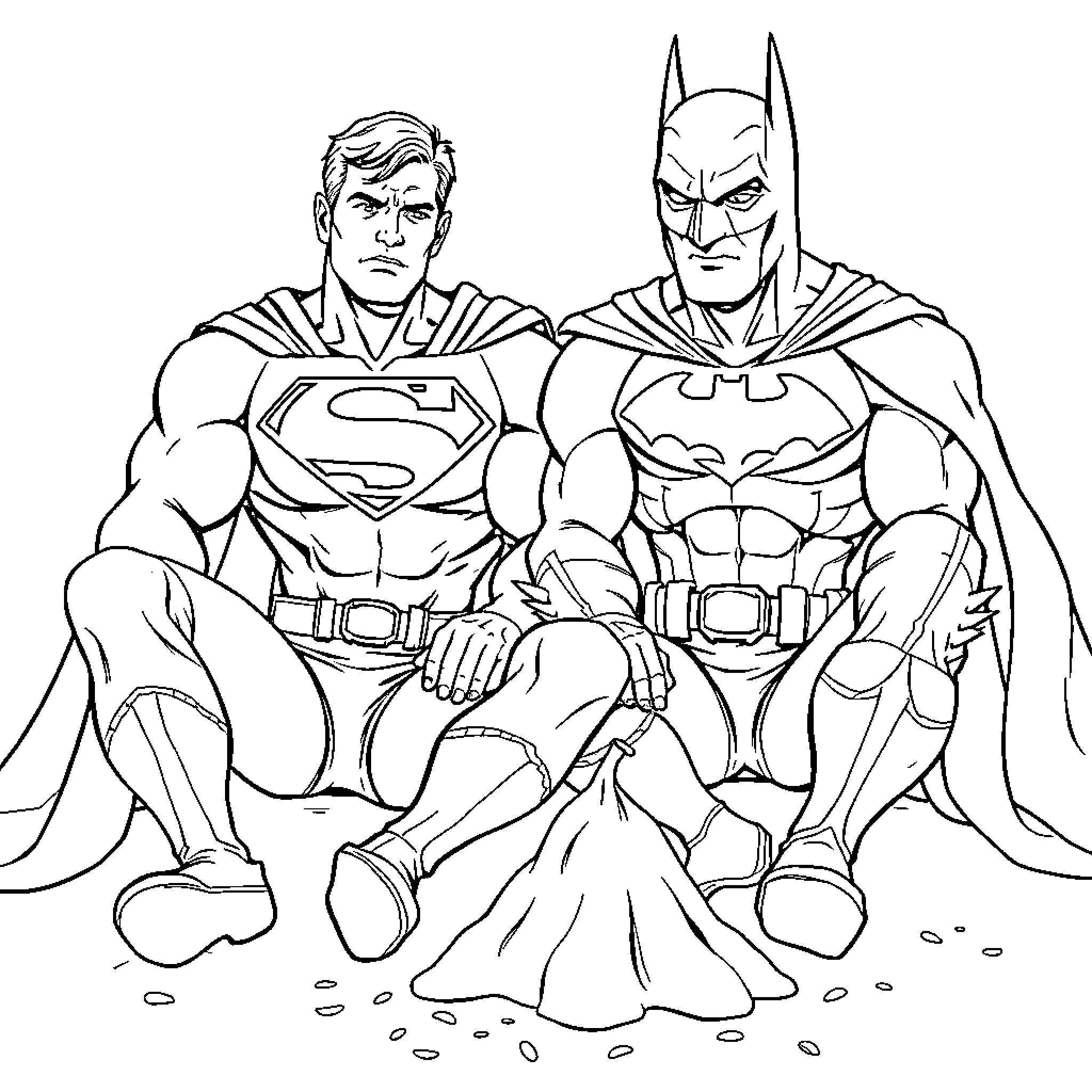 Superman and Batman posing heroically together Coloring Page (free black-and-white line drawing printable PDF for all, from beginners to advanced learners, including children, teens, adults, and seniors)