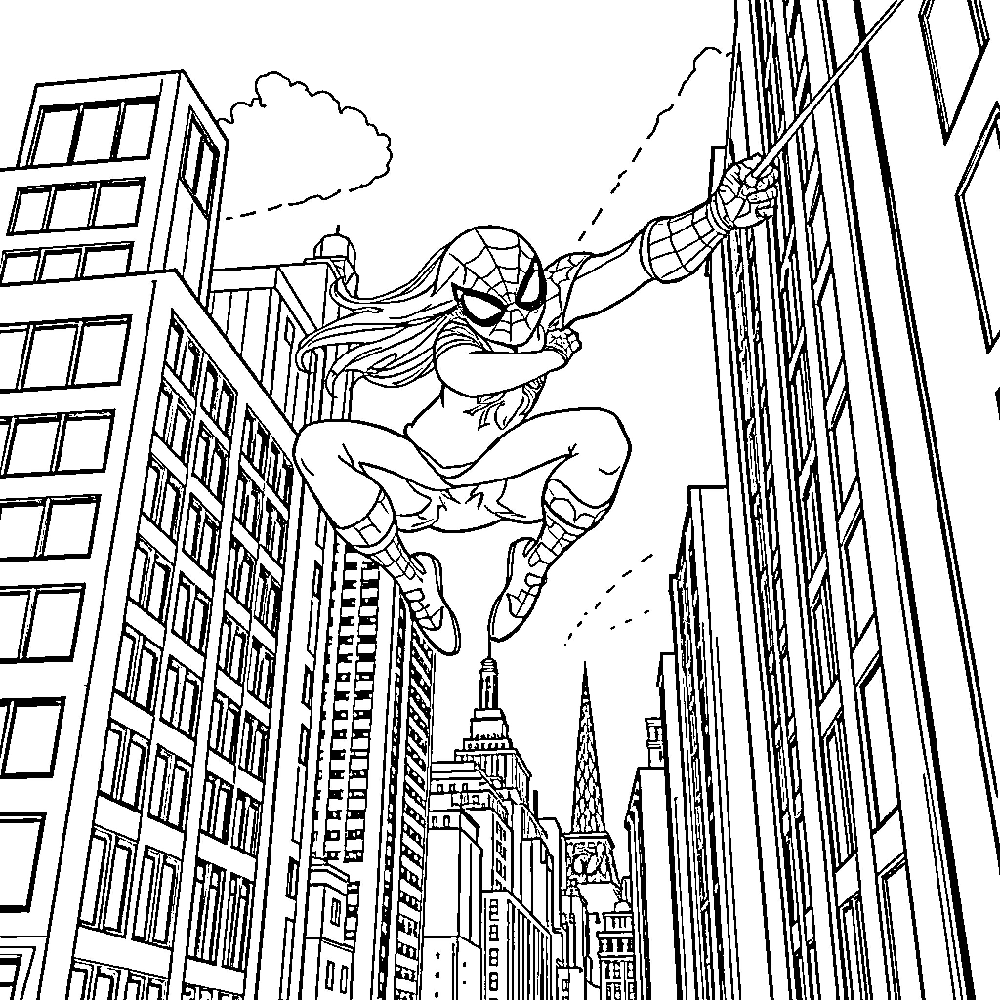 Spiderman swinging through the city skyline Coloring Page (free black-and-white line drawing printable PDF for all, from beginners to advanced learners, including children, teens, adults, and seniors)