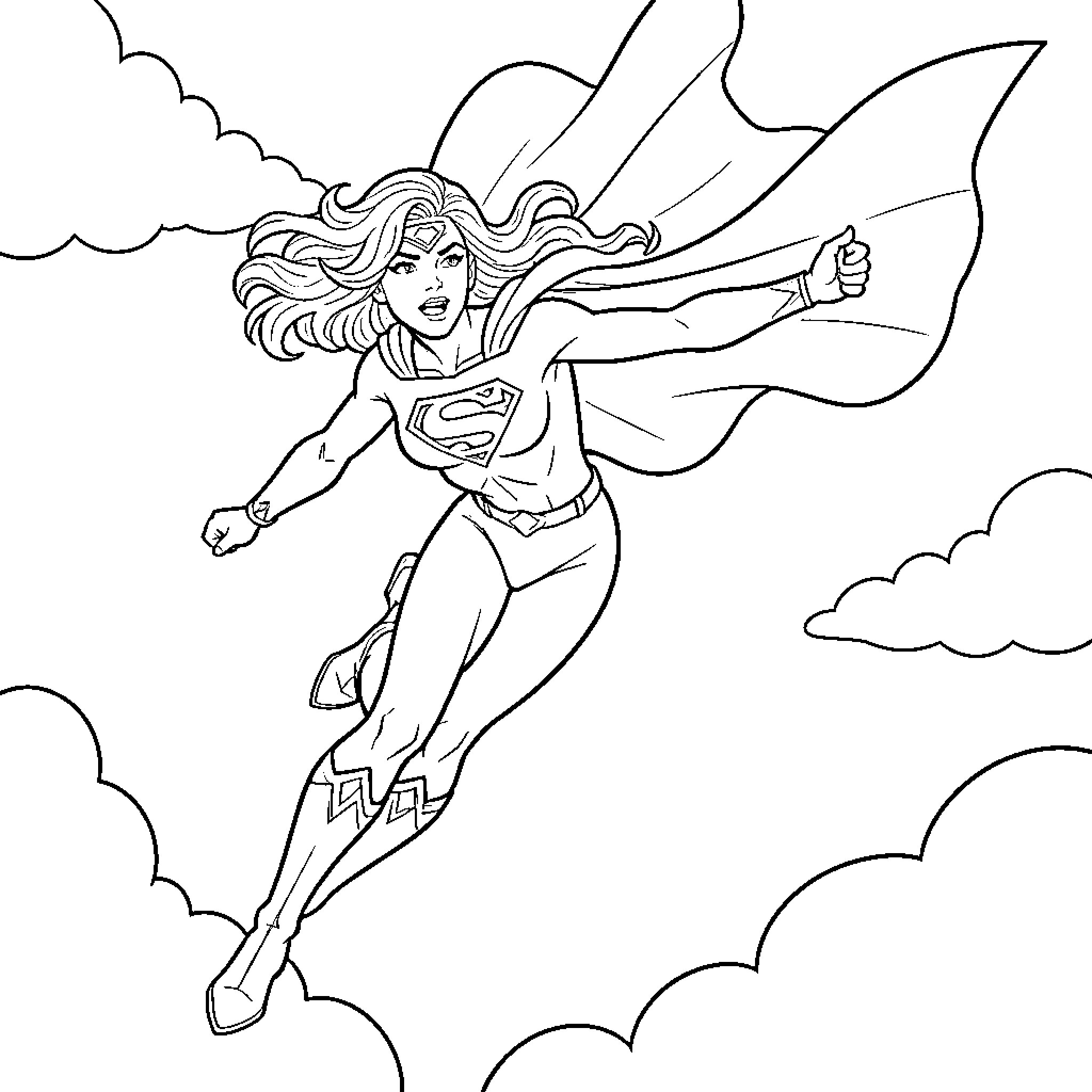 Superwoman flying heroically in the sky Coloring Page (free black-and-white line drawing printable PDF for all, from beginners to advanced learners, including children, teens, adults, and seniors)