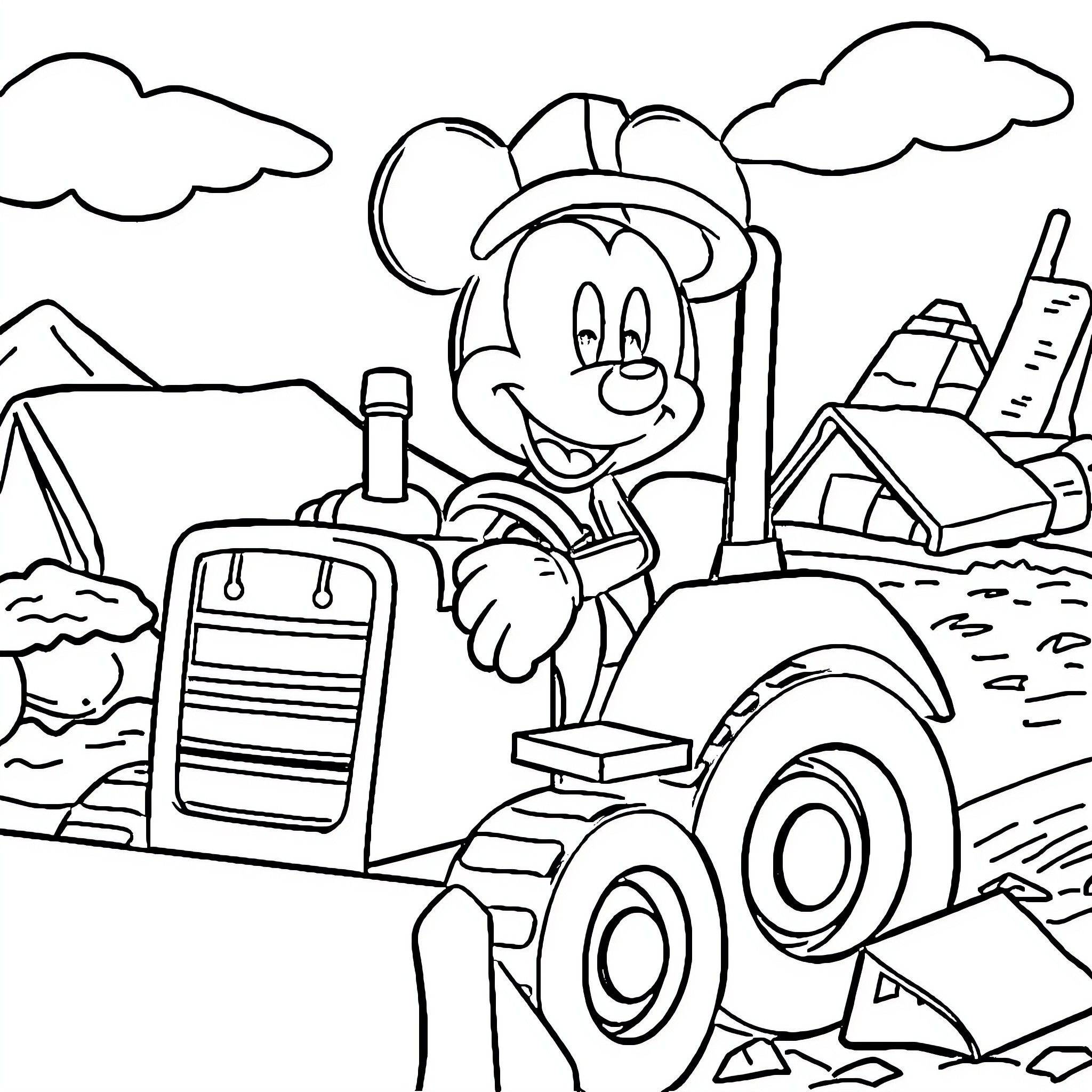 Mickey Mouse driving a tractor through a rural landscape Coloring Page (free black-and-white line drawing printable PDF for all, from beginners to advanced learners, including children, teens, adults, and seniors)