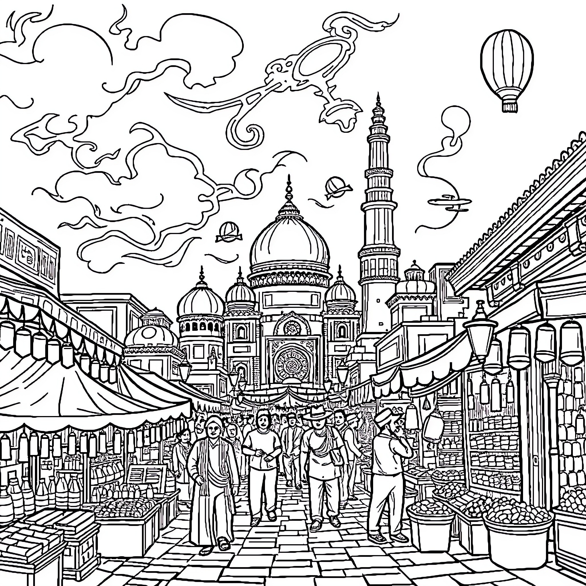 India: Bustling Marketplace with Ornate Architecture Coloring Page (free black-and-white line drawing printable PDF for all, from beginners to advanced learners, including children, teens, adults, and seniors)