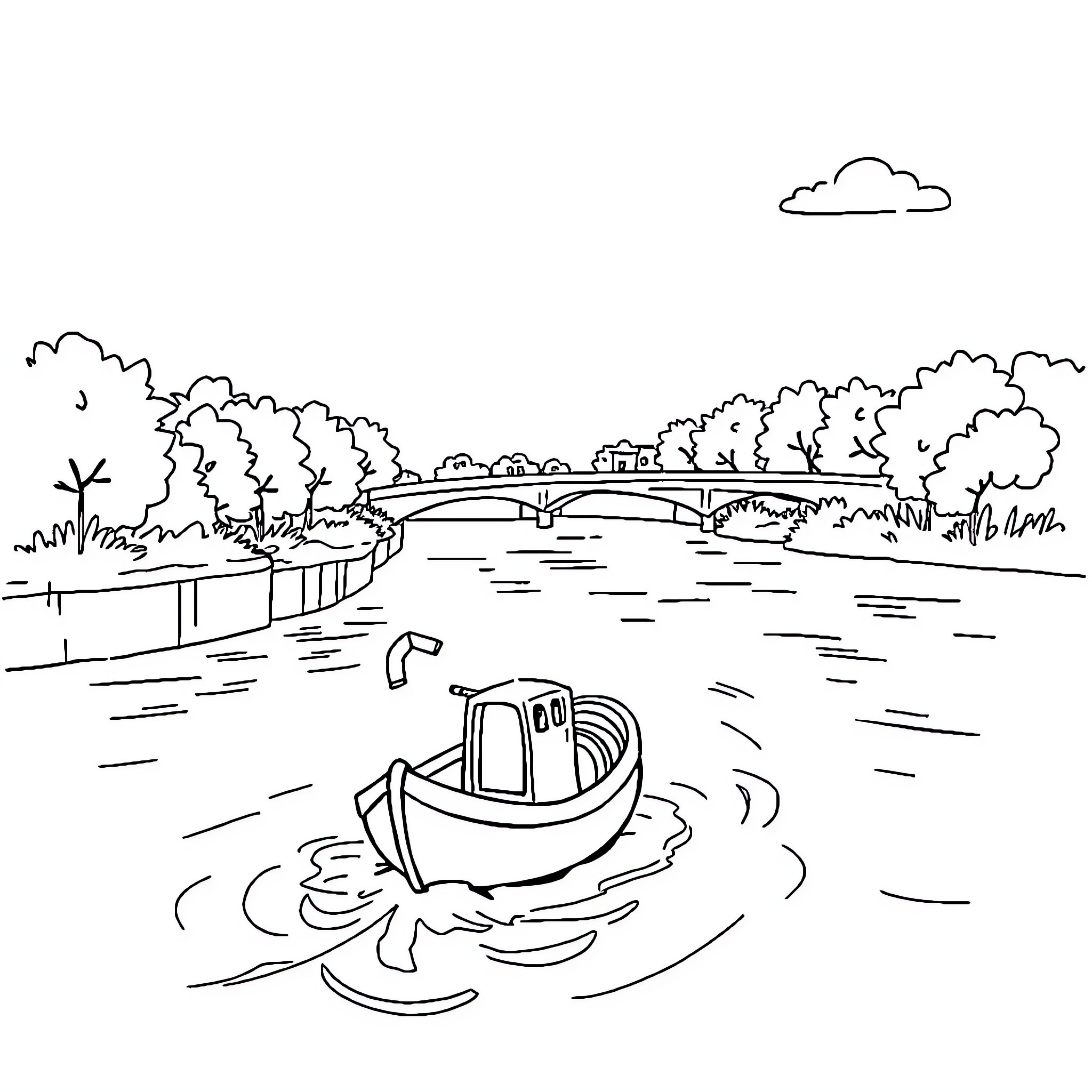 Bananino's Boat Trip on the River Coloring Page (free black-and-white line drawing printable PDF for all, from beginners to advanced learners, including children, teens, adults, and seniors)