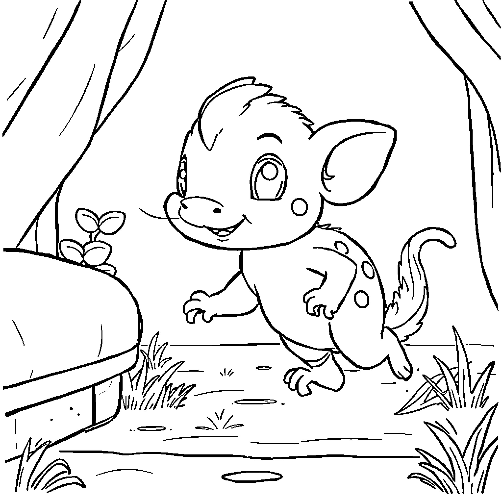 Labubu exploring the enchanted forest Coloring Page (free black-and-white line drawing printable PDF for all, from beginners to advanced learners, including children, teens, adults, and seniors)