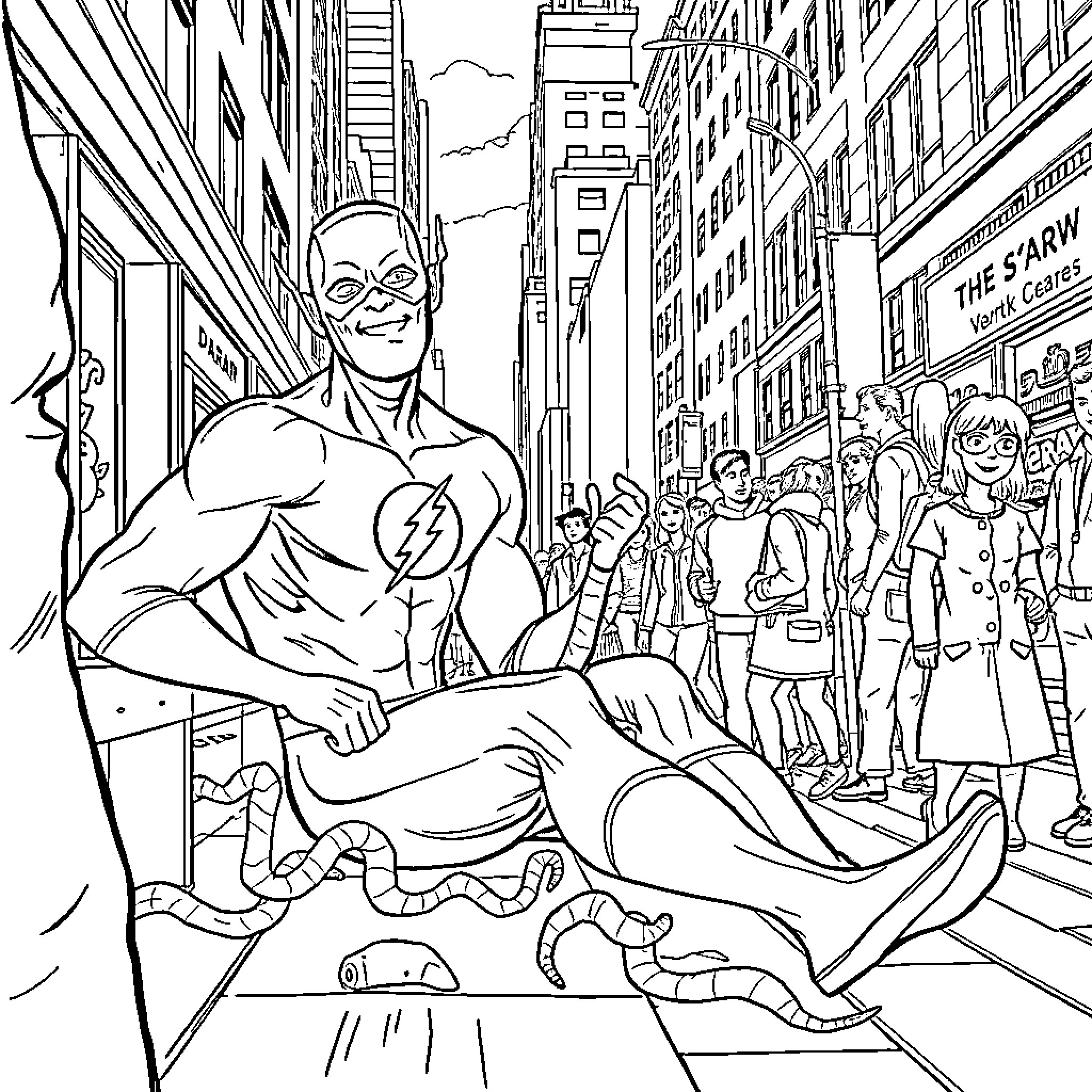 Flash Superhero Relaxing in Busy City Street Coloring Page (free black-and-white line drawing printable PDF for all, from beginners to advanced learners, including children, teens, adults, and seniors)