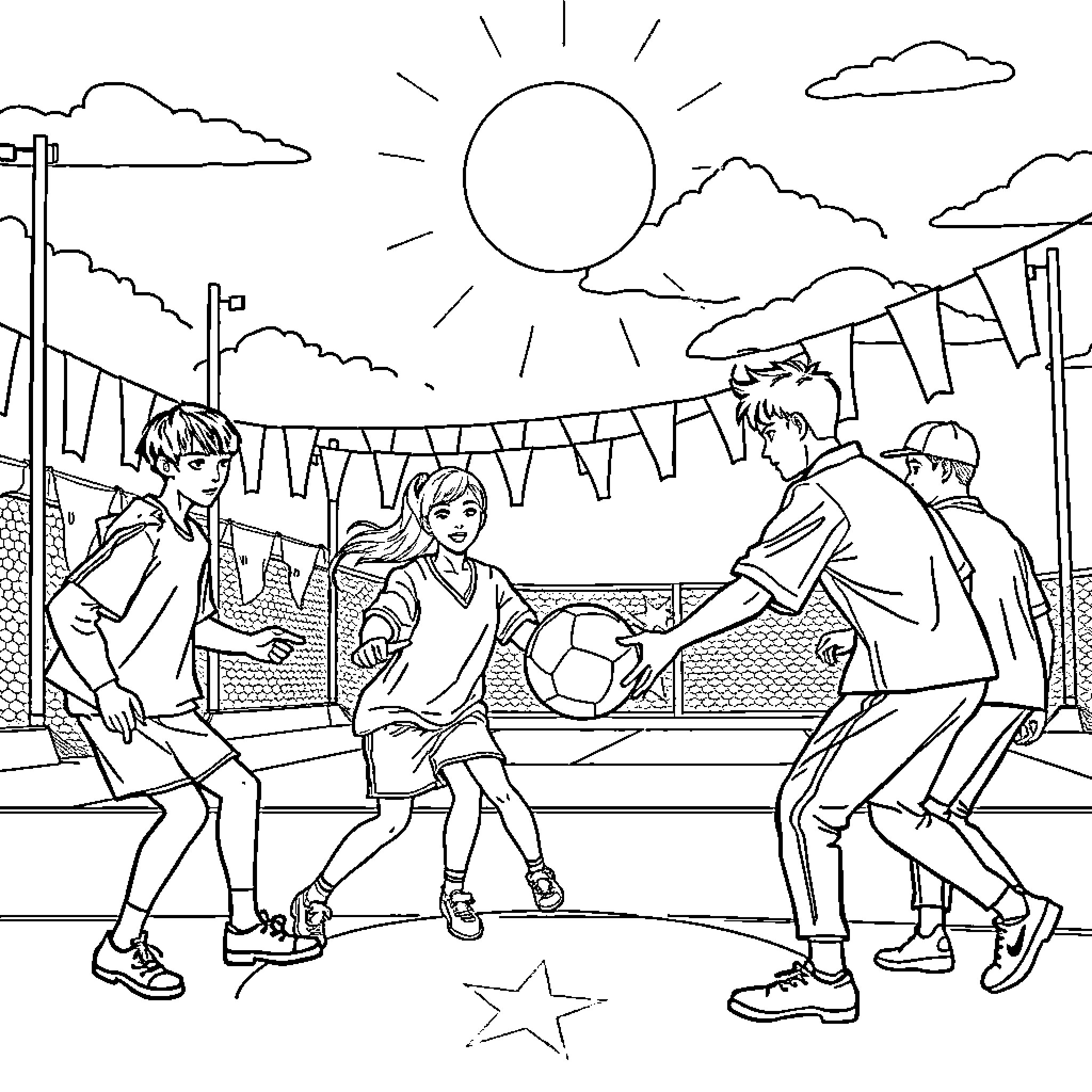 Kpop friends playing sports together in the park Coloring Page (free black-and-white line drawing printable PDF for all, from beginners to advanced learners, including children, teens, adults, and seniors)