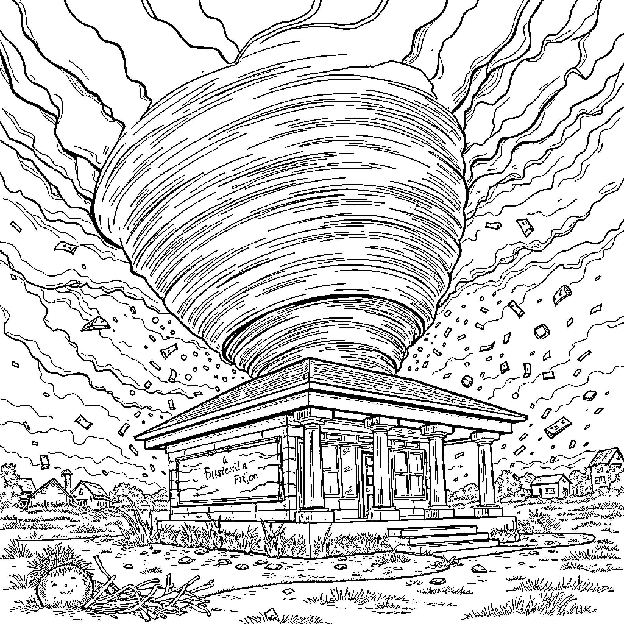 Bank Amid Swirling Tornado in Landscape Coloring Page (free black-and-white line drawing printable PDF for all, from beginners to advanced learners, including children, teens, adults, and seniors)