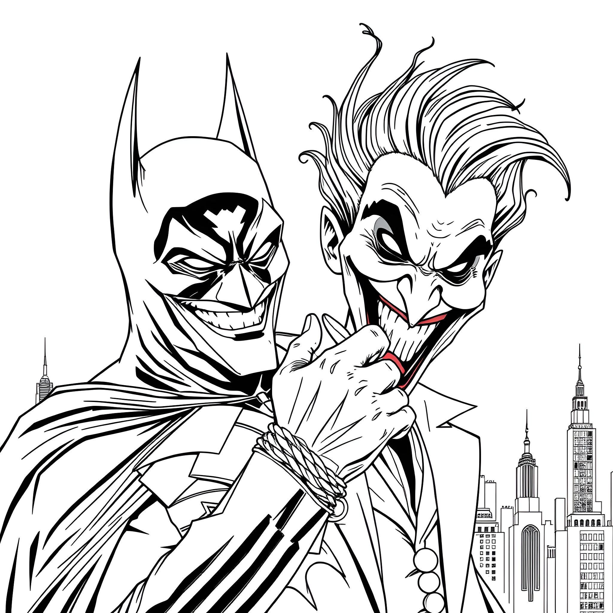 Batman and Joker confronting each other in the city Coloring Page (free black-and-white line drawing printable PDF for all, from beginners to advanced learners, including children, teens, adults, and seniors)