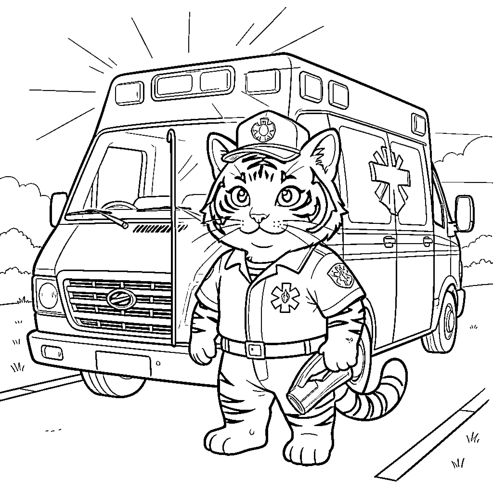 Tiger Cat Rescuer near Emergency Vehicle Coloring Page (free black-and-white line drawing printable PDF for all, from beginners to advanced learners, including children, teens, adults, and seniors)