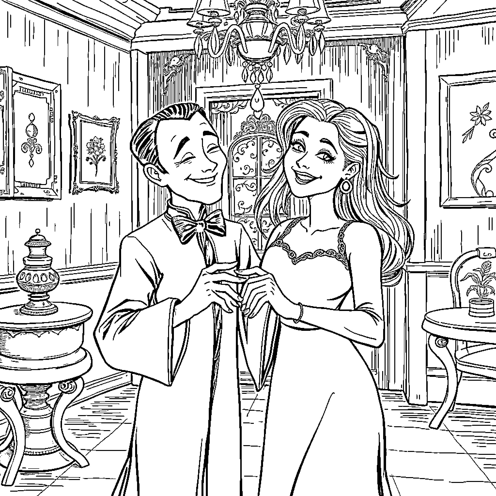 Wednesday Adams and her partner at a formal dance Coloring Page (free black-and-white line drawing printable PDF for all, from beginners to advanced learners, including children, teens, adults, and seniors)