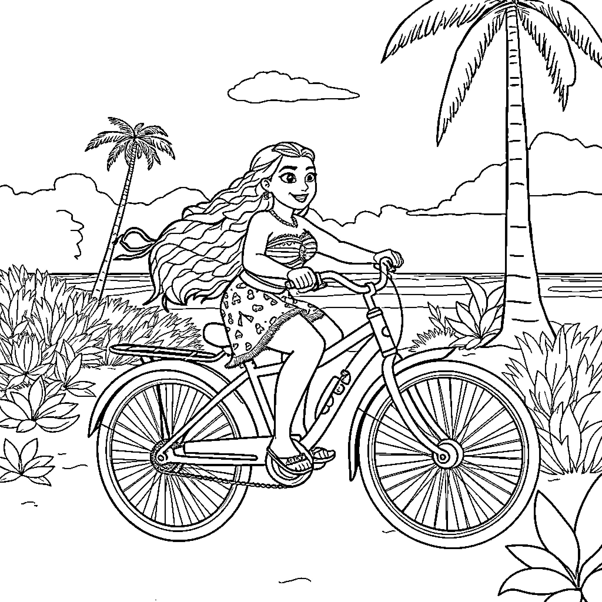 Moana riding a bicycle on a tropical beach Coloring Page (free black-and-white line drawing printable PDF for all, from beginners to advanced learners, including children, teens, adults, and seniors)