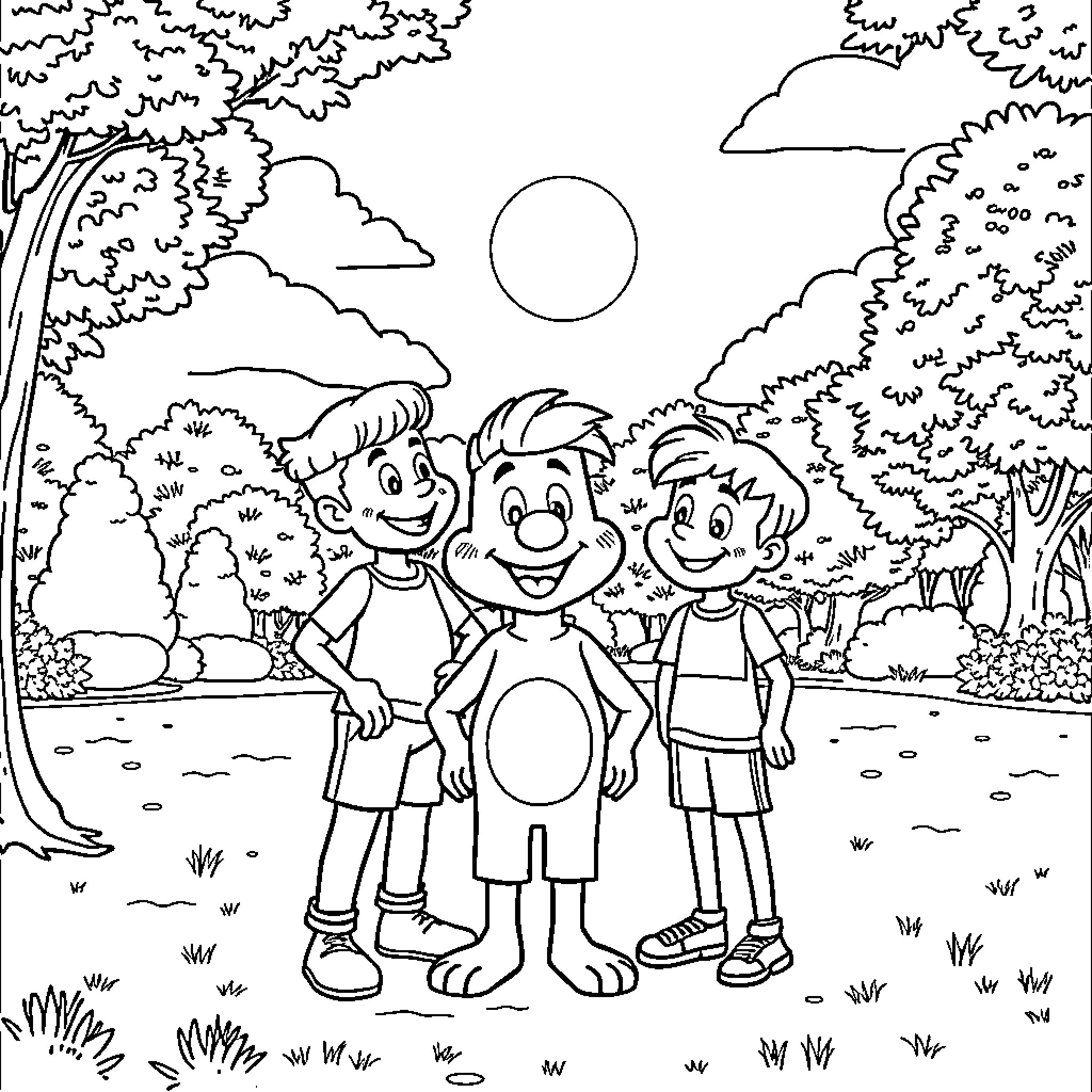Paulos and Friends Enjoy the Outdoors Coloring Page (free black-and-white line drawing printable PDF for all, from beginners to advanced learners, including children, teens, adults, and seniors)