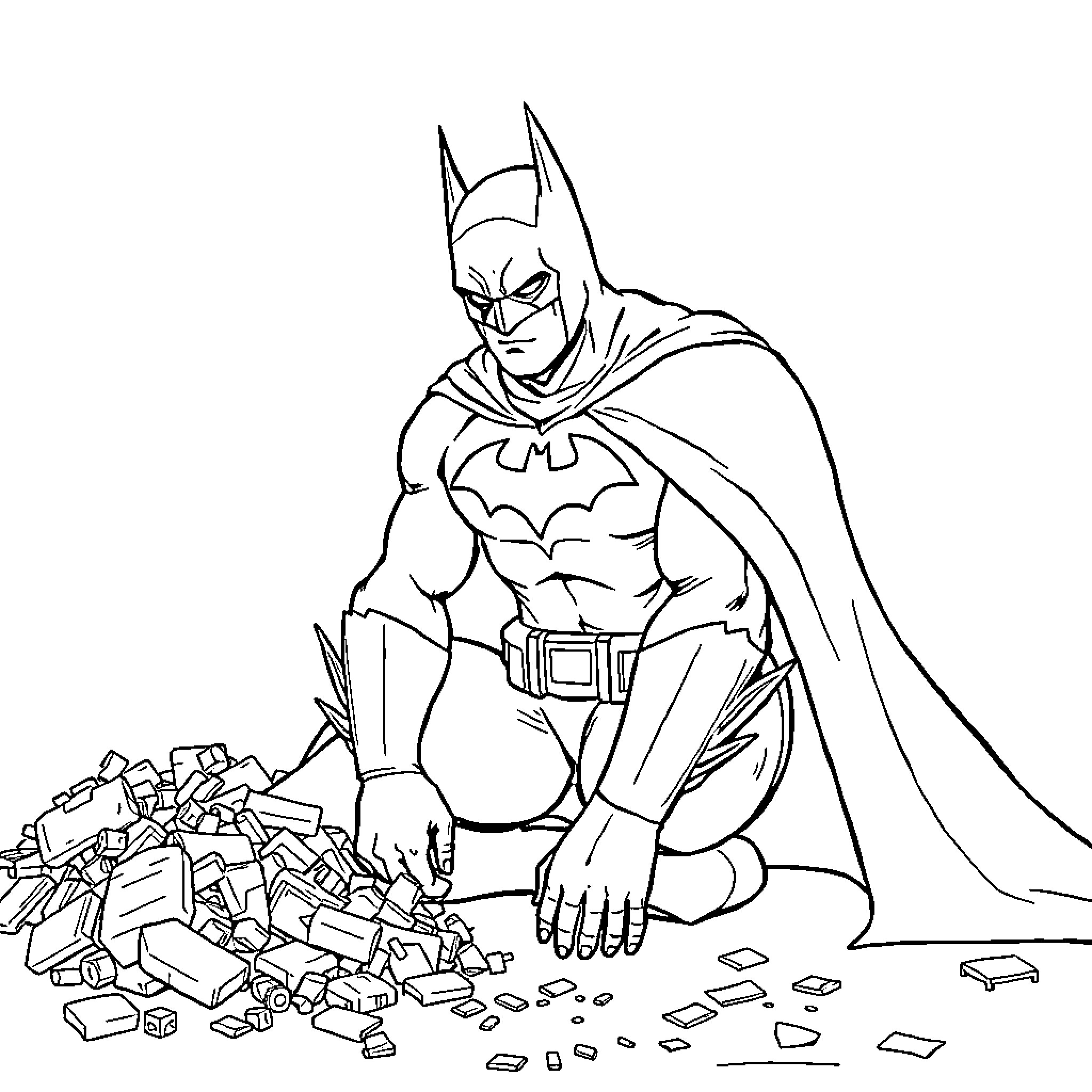 Batman examining scattered debris with determination Coloring Page (free black-and-white line drawing printable PDF for all, from beginners to advanced learners, including children, teens, adults, and seniors)