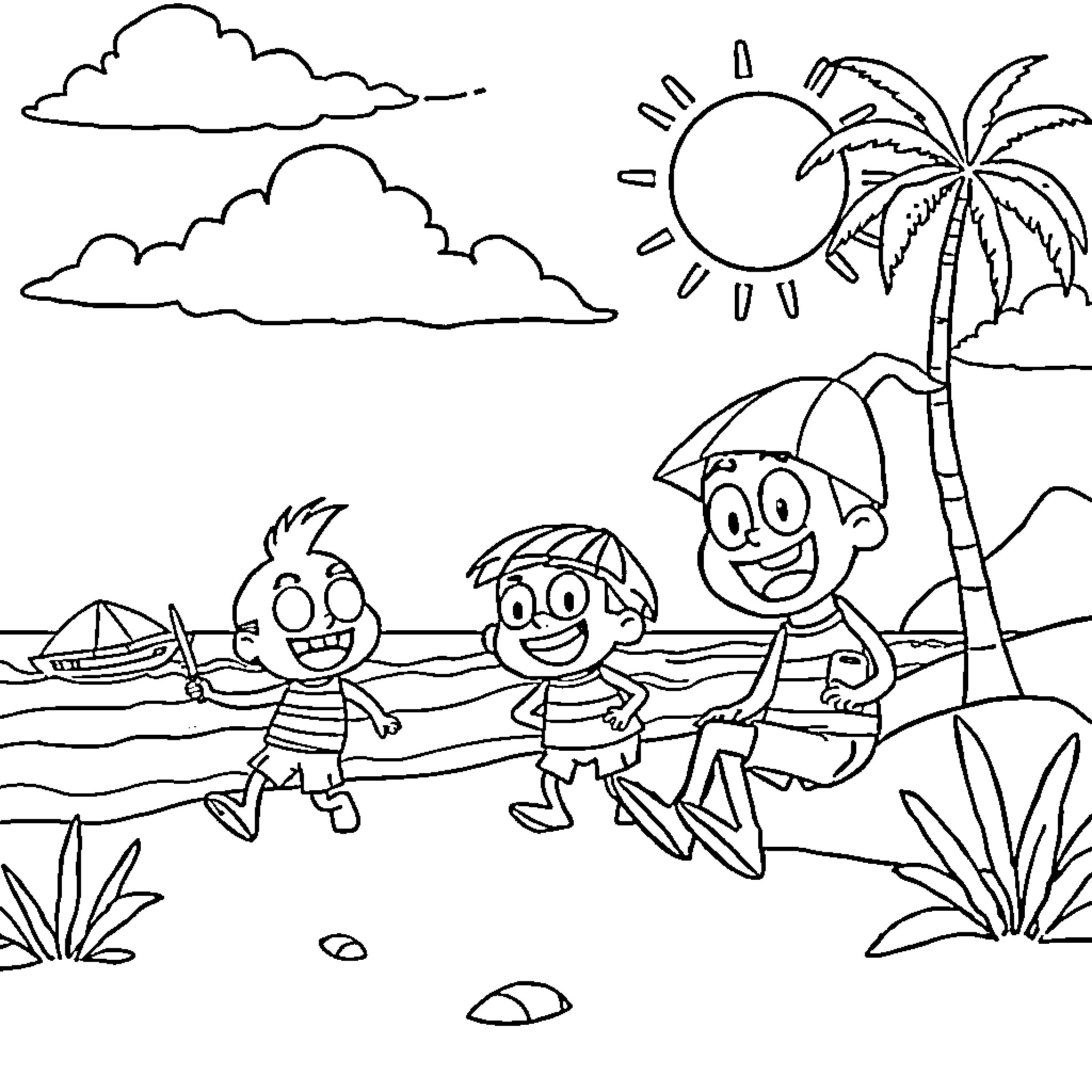 Stumble Guys enjoying beach activities in paradise Coloring Page (free black-and-white line drawing printable PDF for all, from beginners to advanced learners, including children, teens, adults, and seniors)