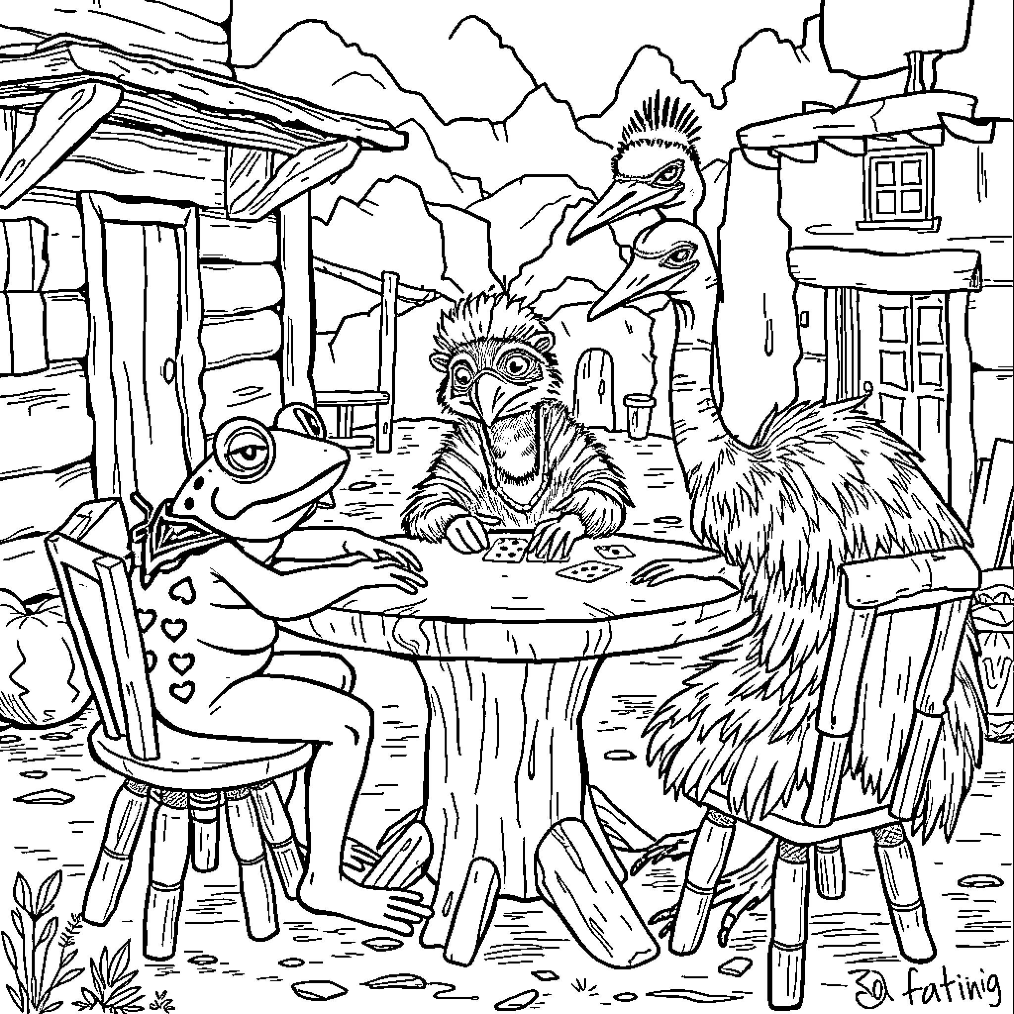 Frog and Creature Dining Together in a Cozy Outdoor Setting Coloring Page (free black-and-white line drawing printable PDF for all, from beginners to advanced learners, including children, teens, adults, and seniors)