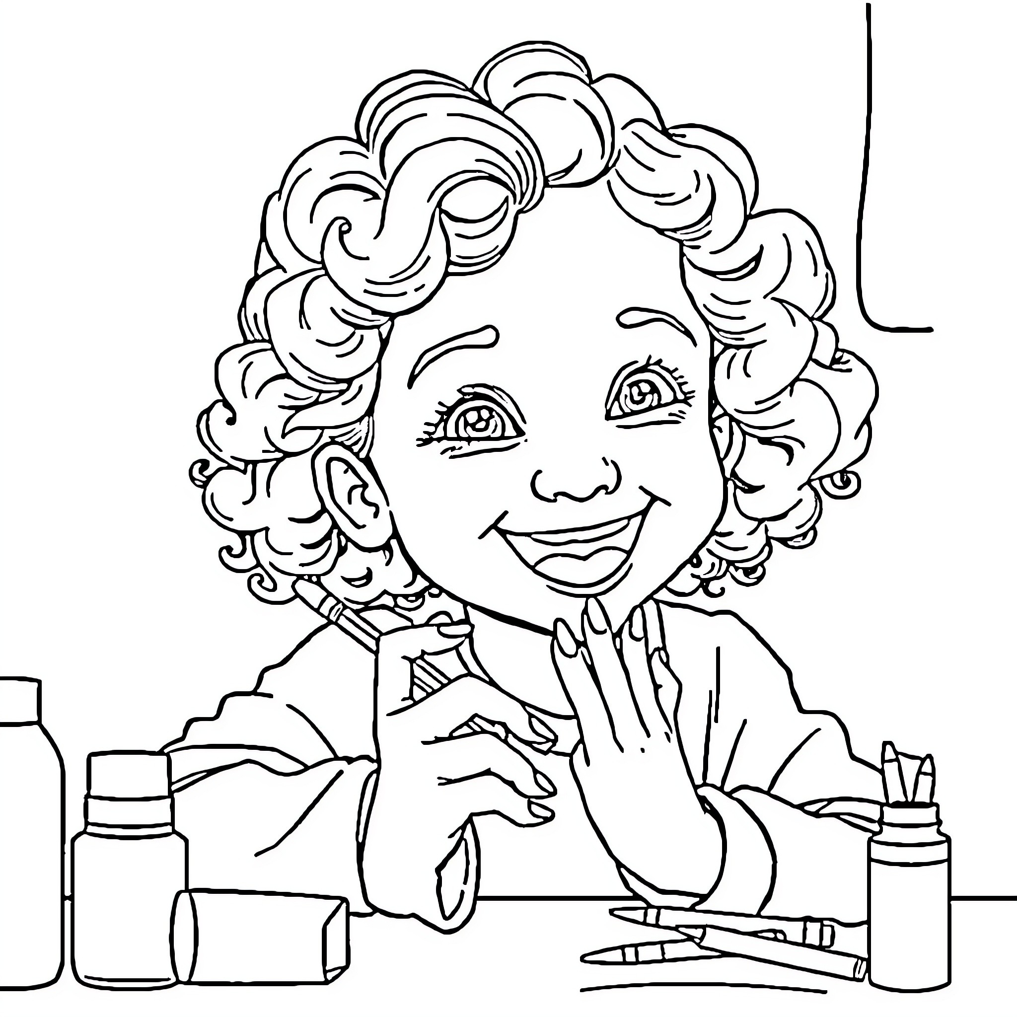 Girl Happily Drawing with Art Supplies Coloring Page (free black-and-white line drawing printable PDF for all, from beginners to advanced learners, including children, teens, adults, and seniors)