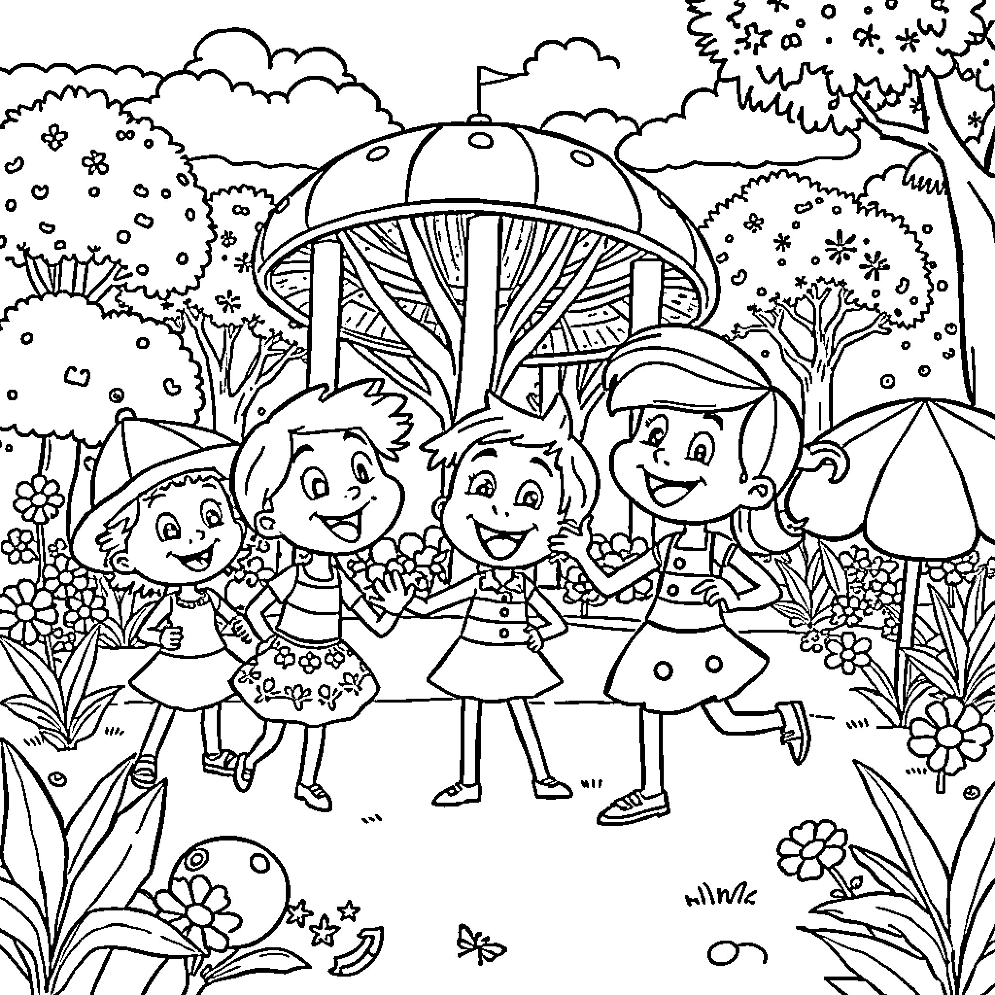 Turma da Monica enjoying a magical forest scene Coloring Page (free black-and-white line drawing printable PDF for all, from beginners to advanced learners, including children, teens, adults, and seniors)