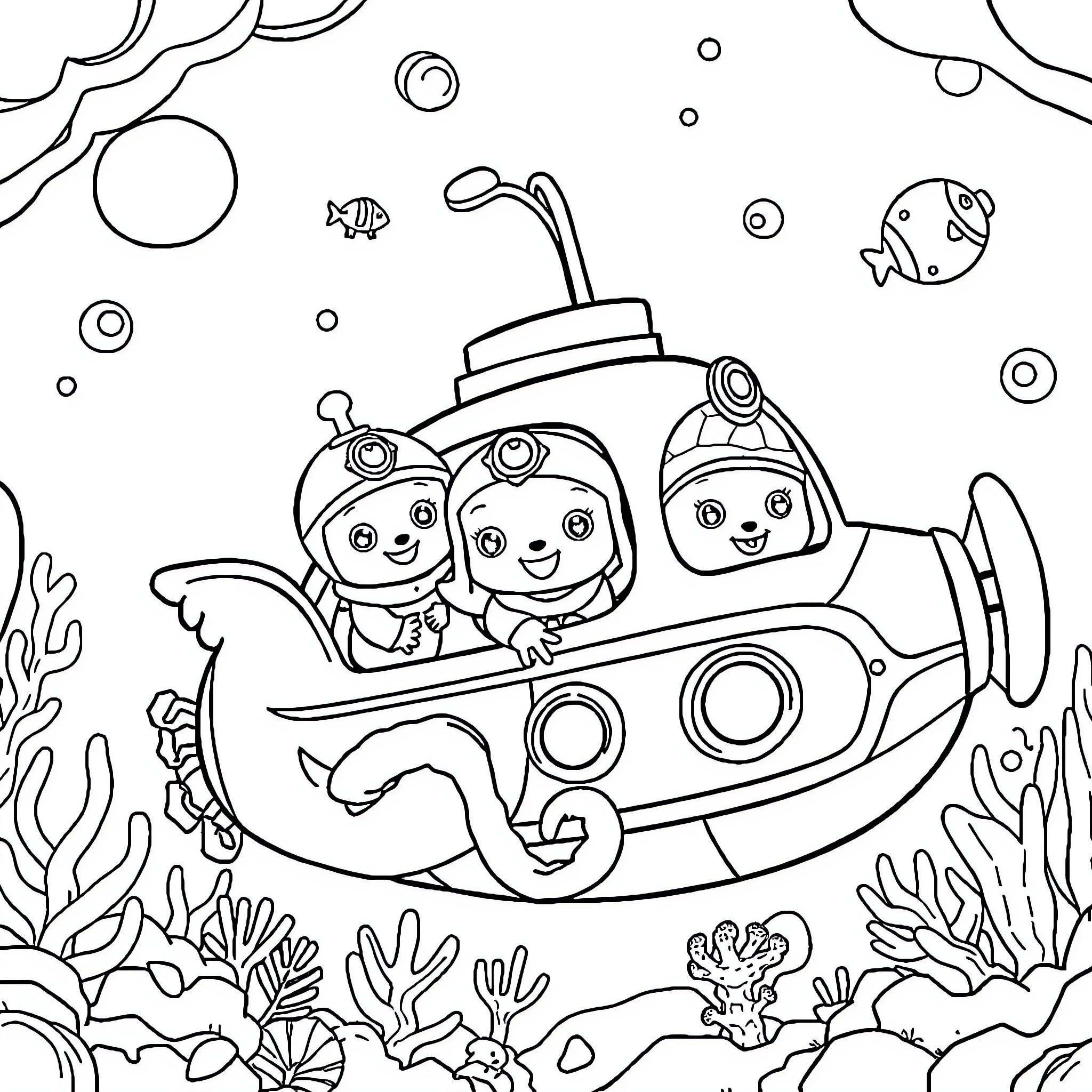 Octonauts exploring the underwater world in a submarine Coloring Page (free black-and-white line drawing printable PDF for all, from beginners to advanced learners, including children, teens, adults, and seniors)