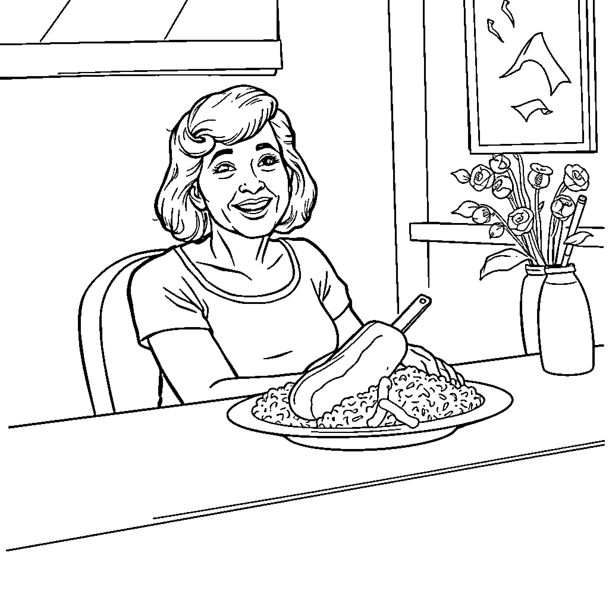 Barbara enjoying a home-cooked meal Coloring Page (free black-and-white line drawing printable PDF for all, from beginners to advanced learners, including children, teens, adults, and seniors)