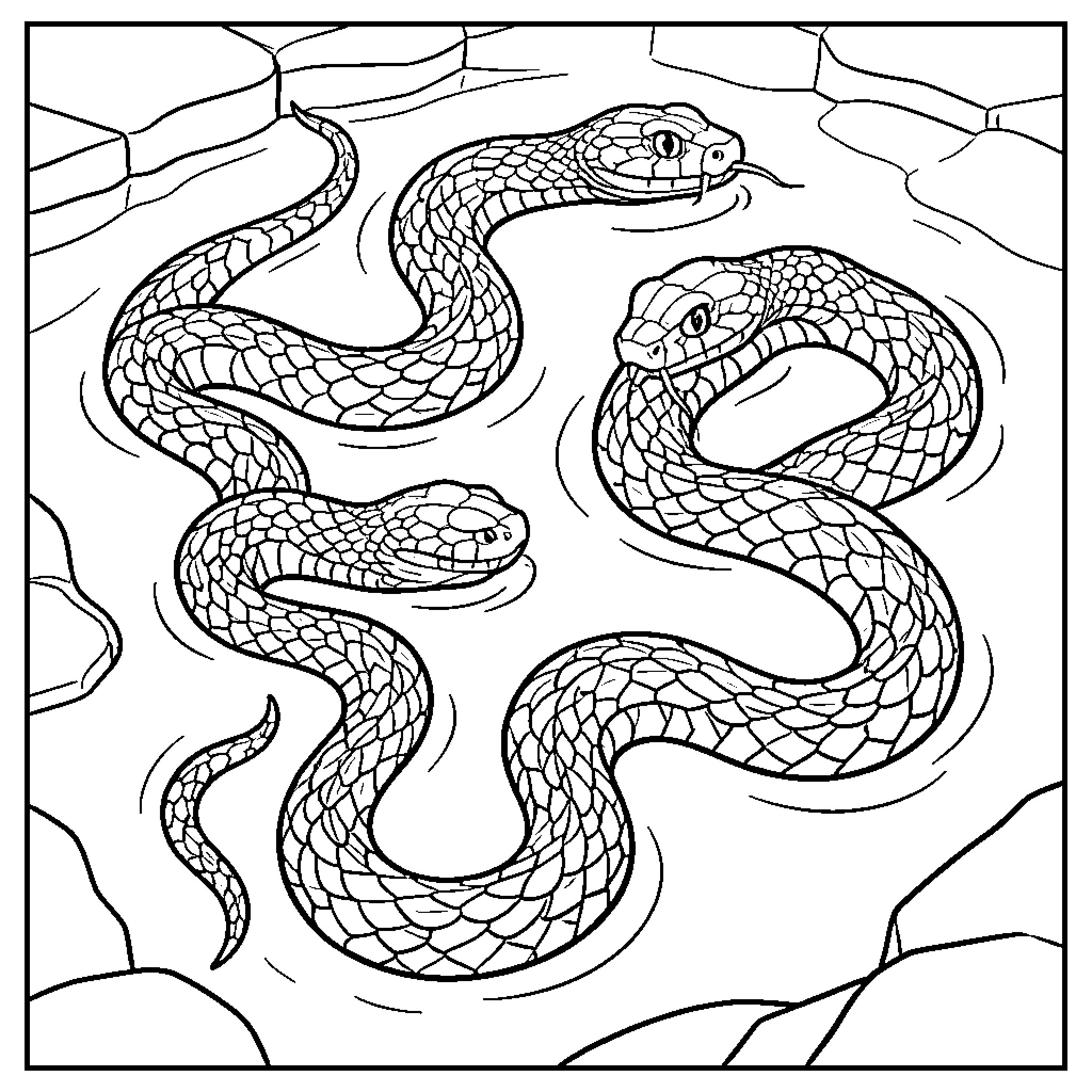 Snake slithering through a shallow pool of water Coloring Page (free black-and-white line drawing printable PDF for all, from beginners to advanced learners, including children, teens, adults, and seniors)