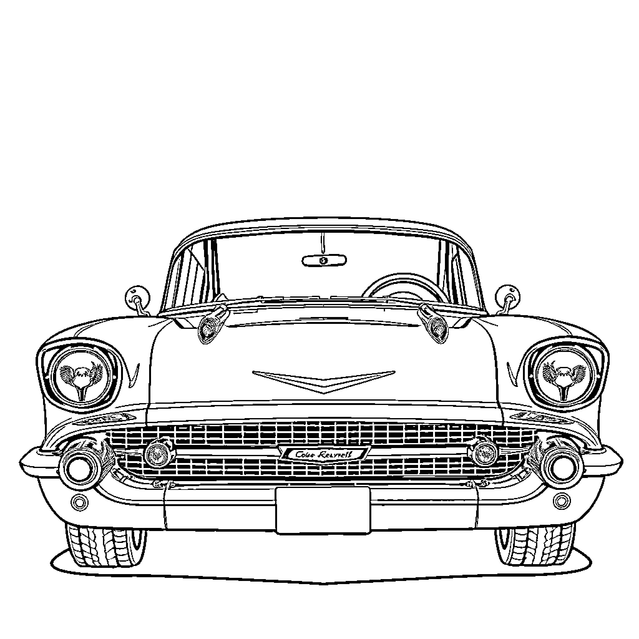 Chevy classic car front view illustration Coloring Page (free black-and-white line drawing printable PDF for all, from beginners to advanced learners, including children, teens, adults, and seniors)