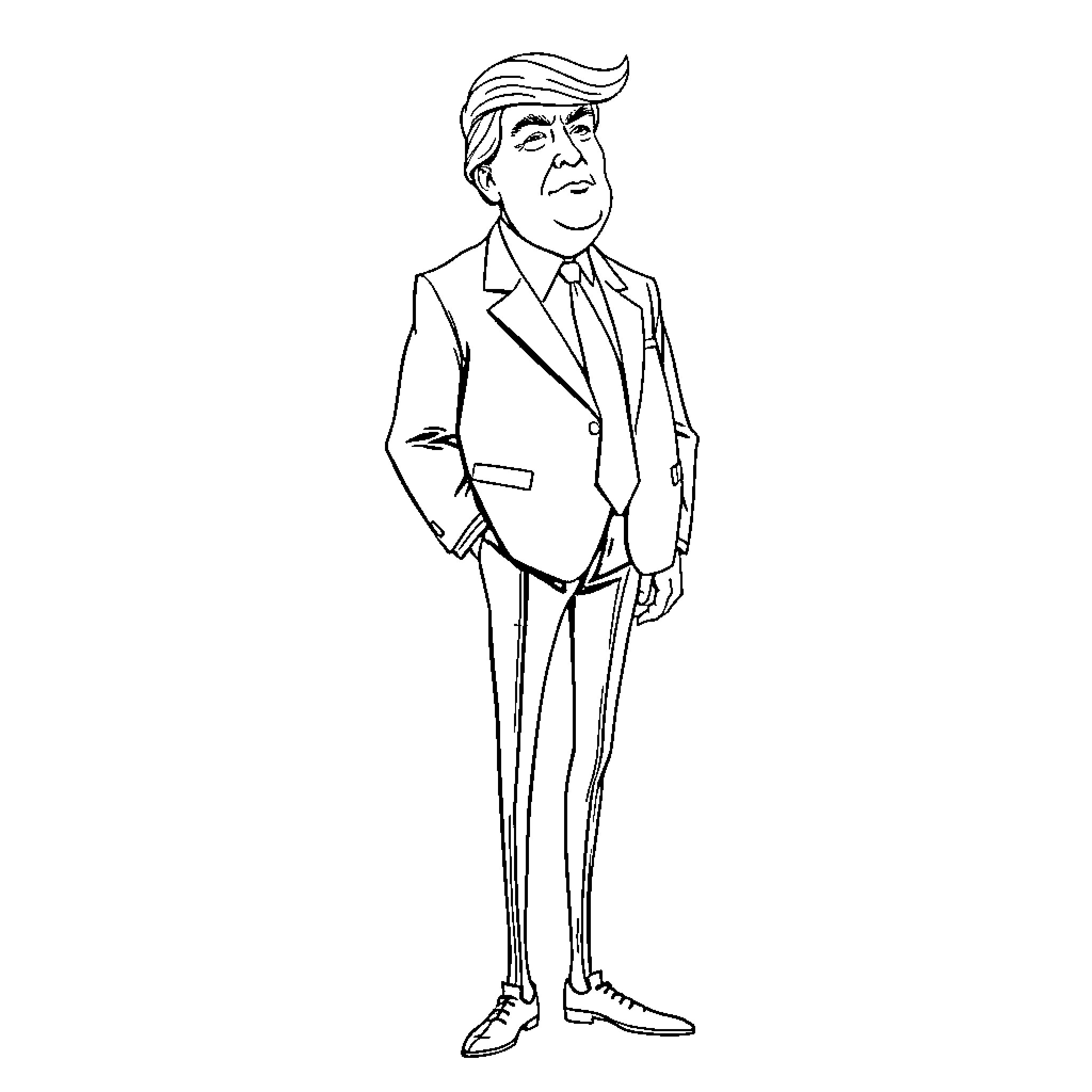 Donald Trump in a formal suit and tie Coloring Page (free black-and-white line drawing printable PDF for all, from beginners to advanced learners, including children, teens, adults, and seniors)