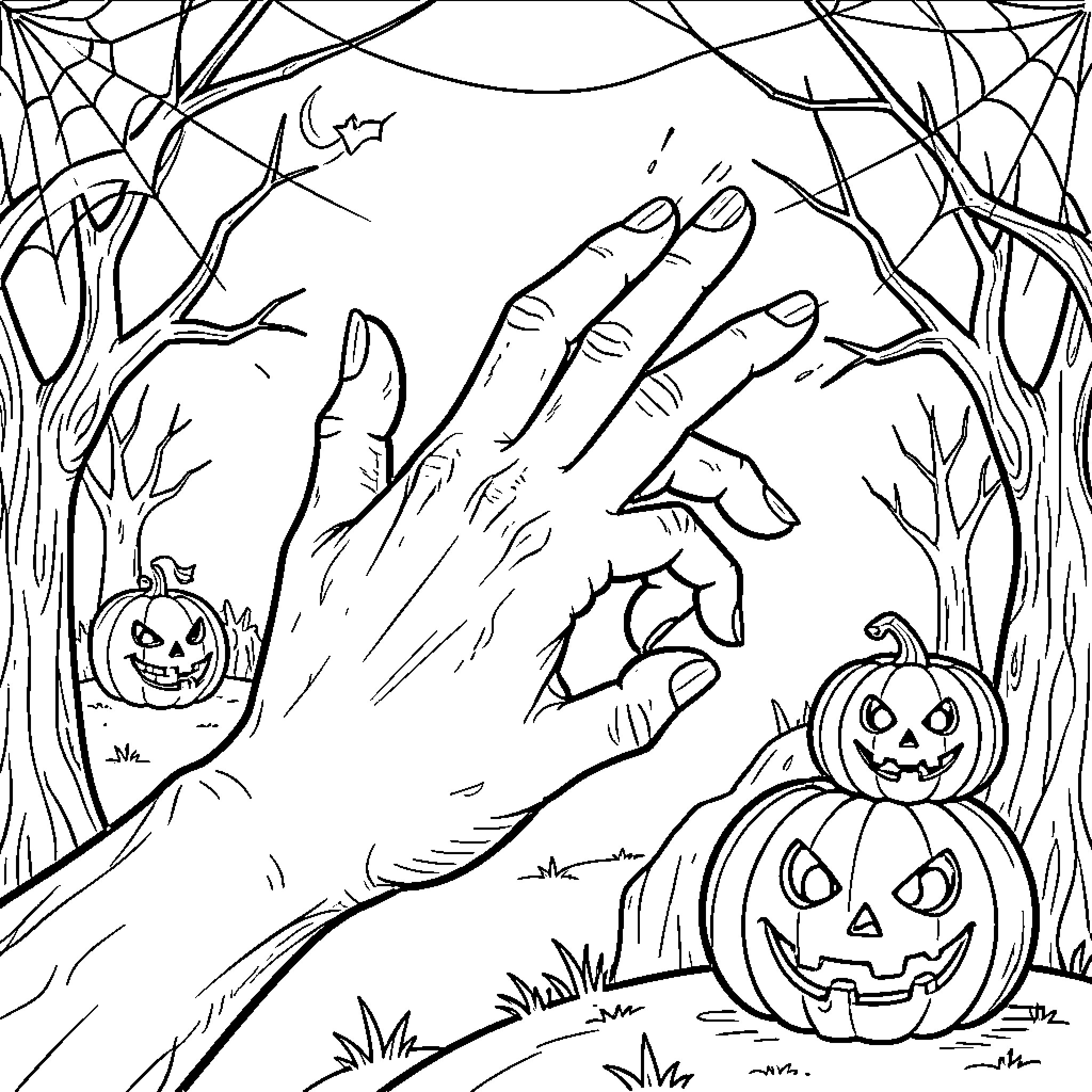 Hand gesturing amidst spooky Halloween scenery Coloring Page (free black-and-white line drawing printable PDF for all, from beginners to advanced learners, including children, teens, adults, and seniors)