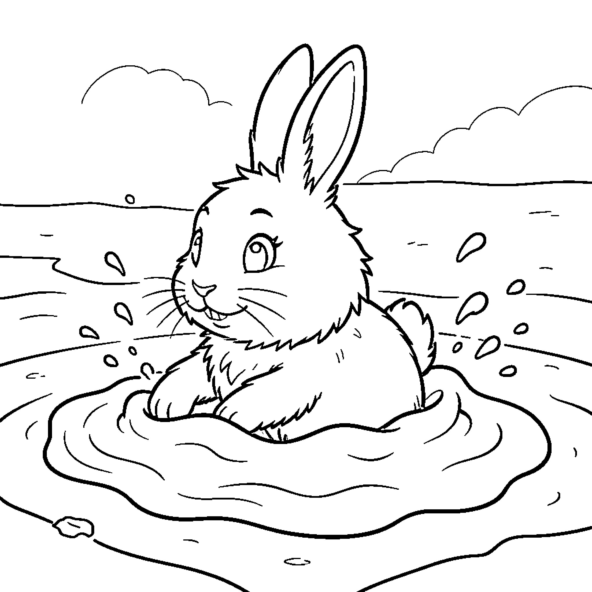 Easter Bunny enjoying a relaxing swim Coloring Page (free black-and-white line drawing printable PDF for all, from beginners to advanced learners, including children, teens, adults, and seniors)