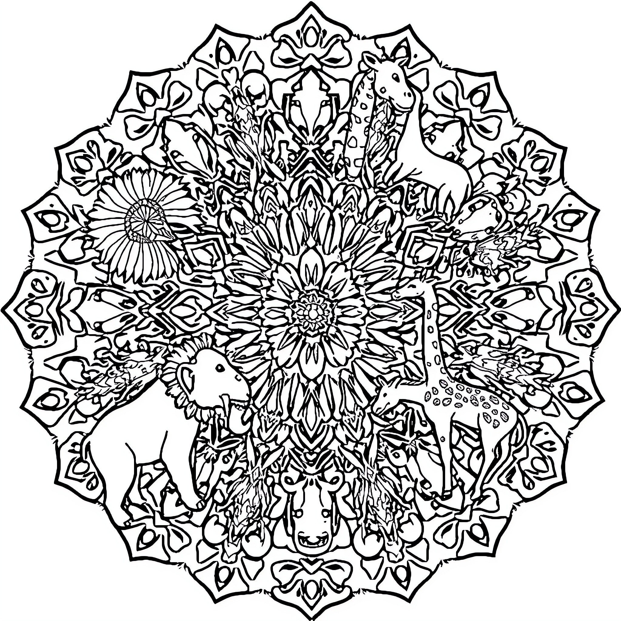 Animal Mandala with Floral and Butterfly Designs Coloring Page (free black-and-white line drawing printable PDF for all, from beginners to advanced learners, including children, teens, adults, and seniors)