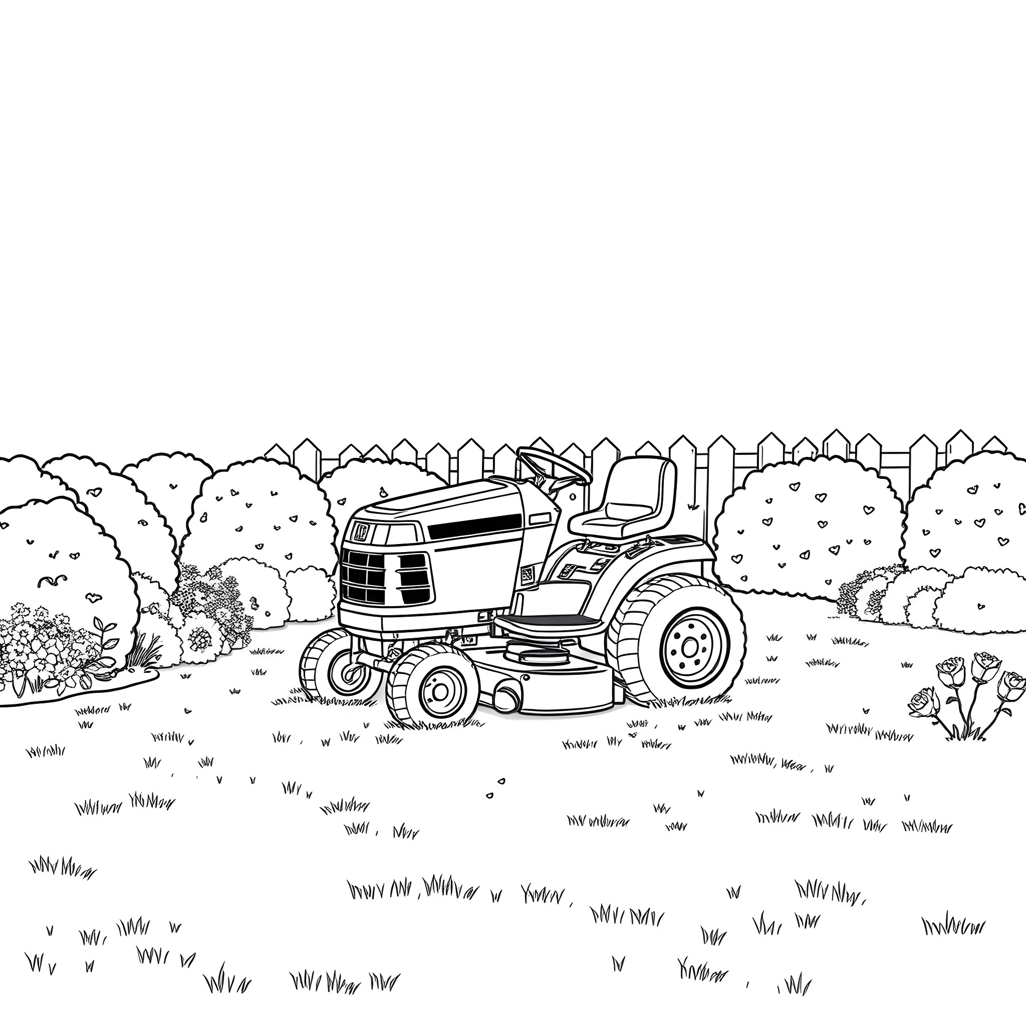 Riding Mower on a Grassy Landscape Coloring Page (free black-and-white line drawing printable PDF for all, from beginners to advanced learners, including children, teens, adults, and seniors)
