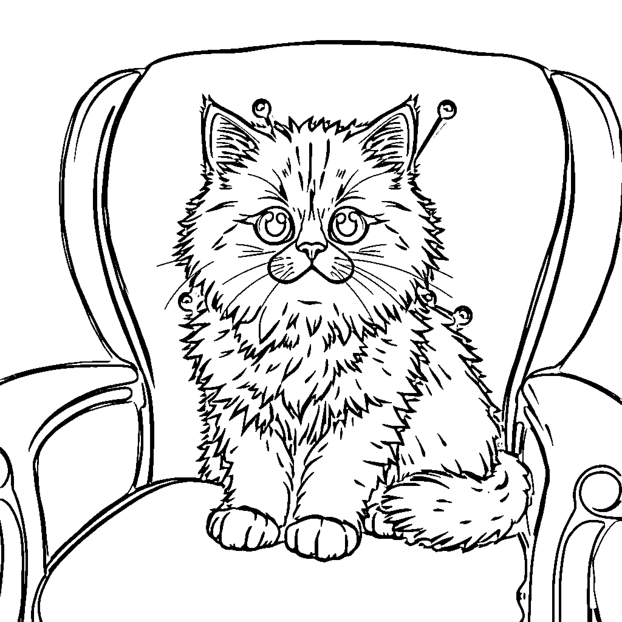 Persian Cat Sitting on a Chair Coloring Page (free black-and-white line drawing printable PDF for all, from beginners to advanced learners, including children, teens, adults, and seniors)