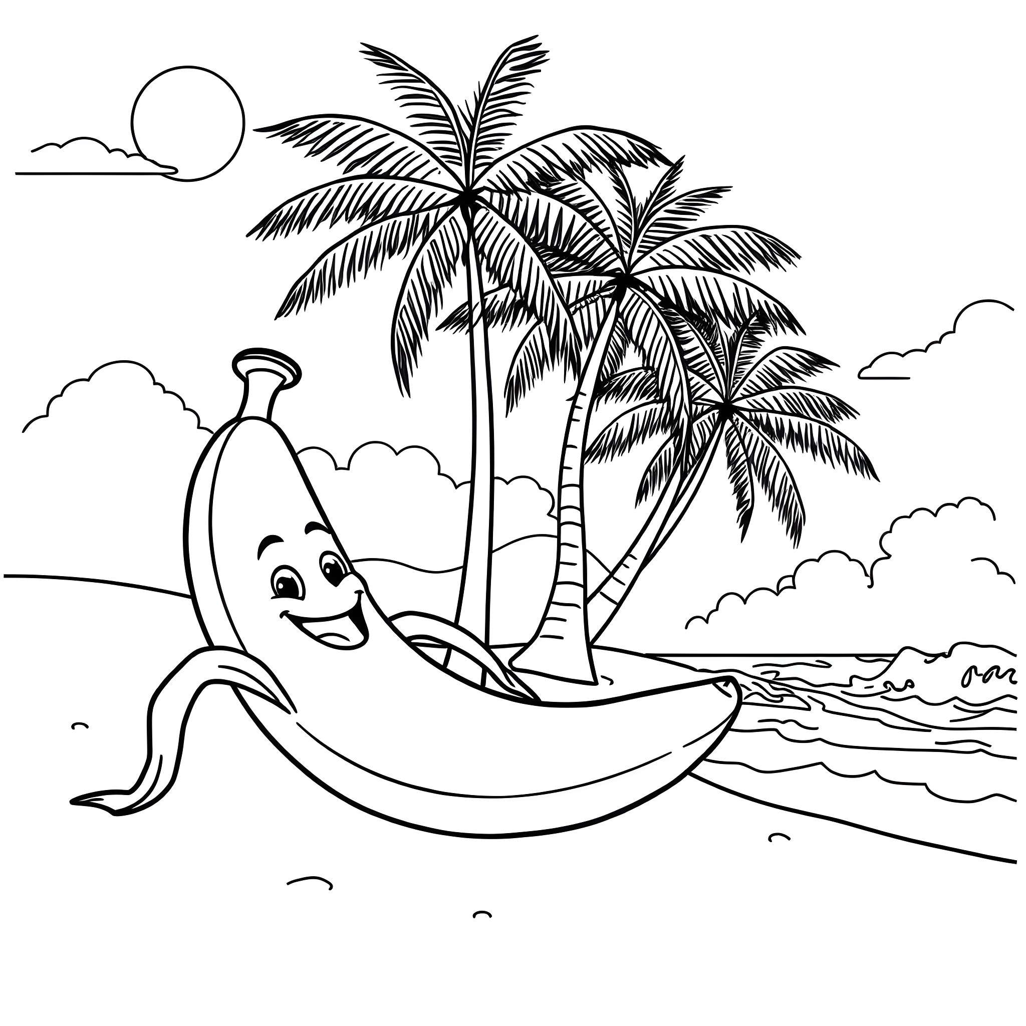 Banana boat sailing happily in tropical paradise Coloring Page (free black-and-white line drawing printable PDF for all, from beginners to advanced learners, including children, teens, adults, and seniors)