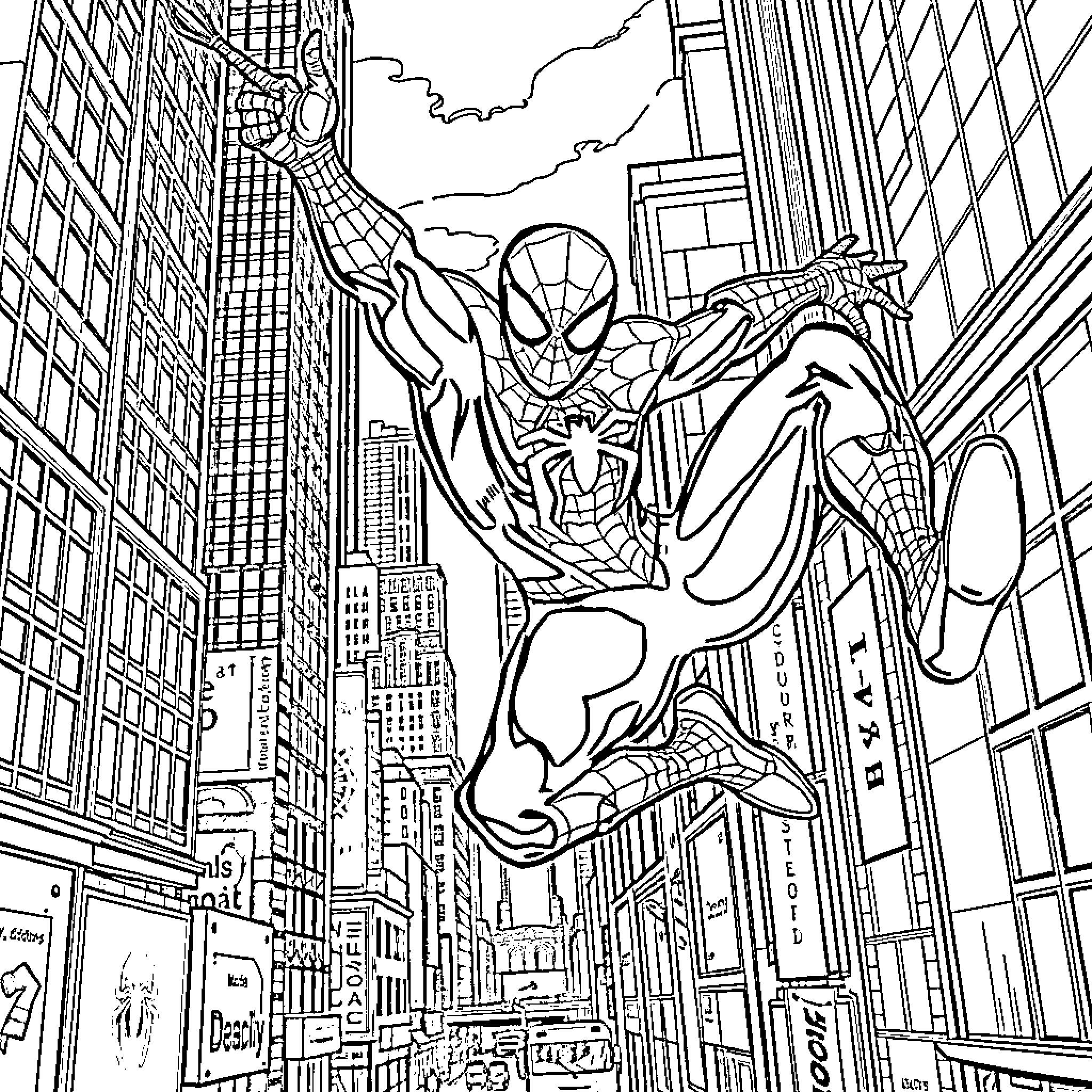 Spider-Man swinging through a bustling cityscape Coloring Page (free black-and-white line drawing printable PDF for all, from beginners to advanced learners, including children, teens, adults, and seniors)