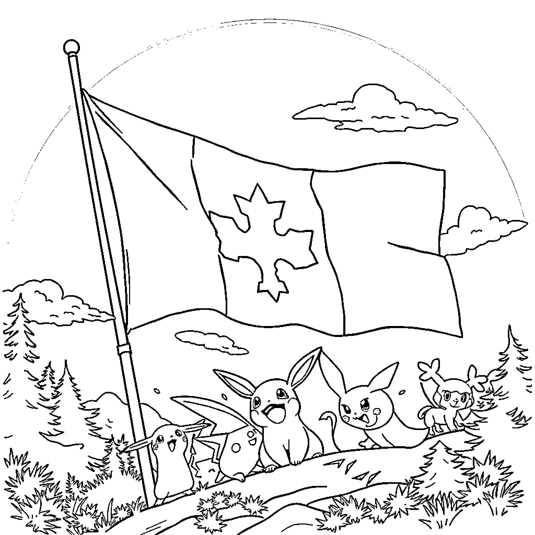Pokémon friends enjoying nature under the Canadian flag Coloring Page (free black-and-white line drawing printable PDF for all, from beginners to advanced learners, including children, teens, adults, and seniors)