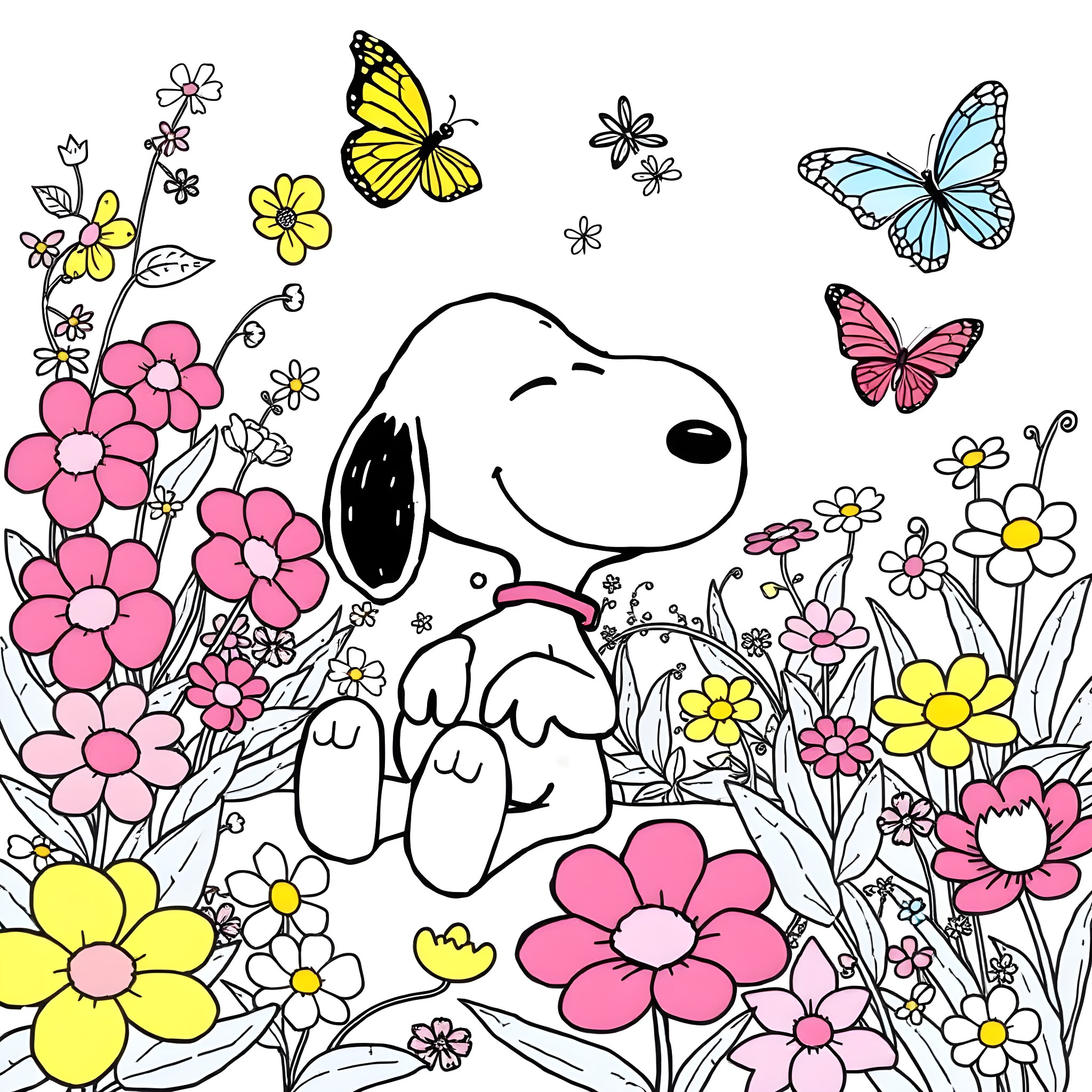 Snoopy surrounded by colorful flowers and butterflies Coloring Page (free black-and-white line drawing printable PDF for all, from beginners to advanced learners, including children, teens, adults, and seniors)