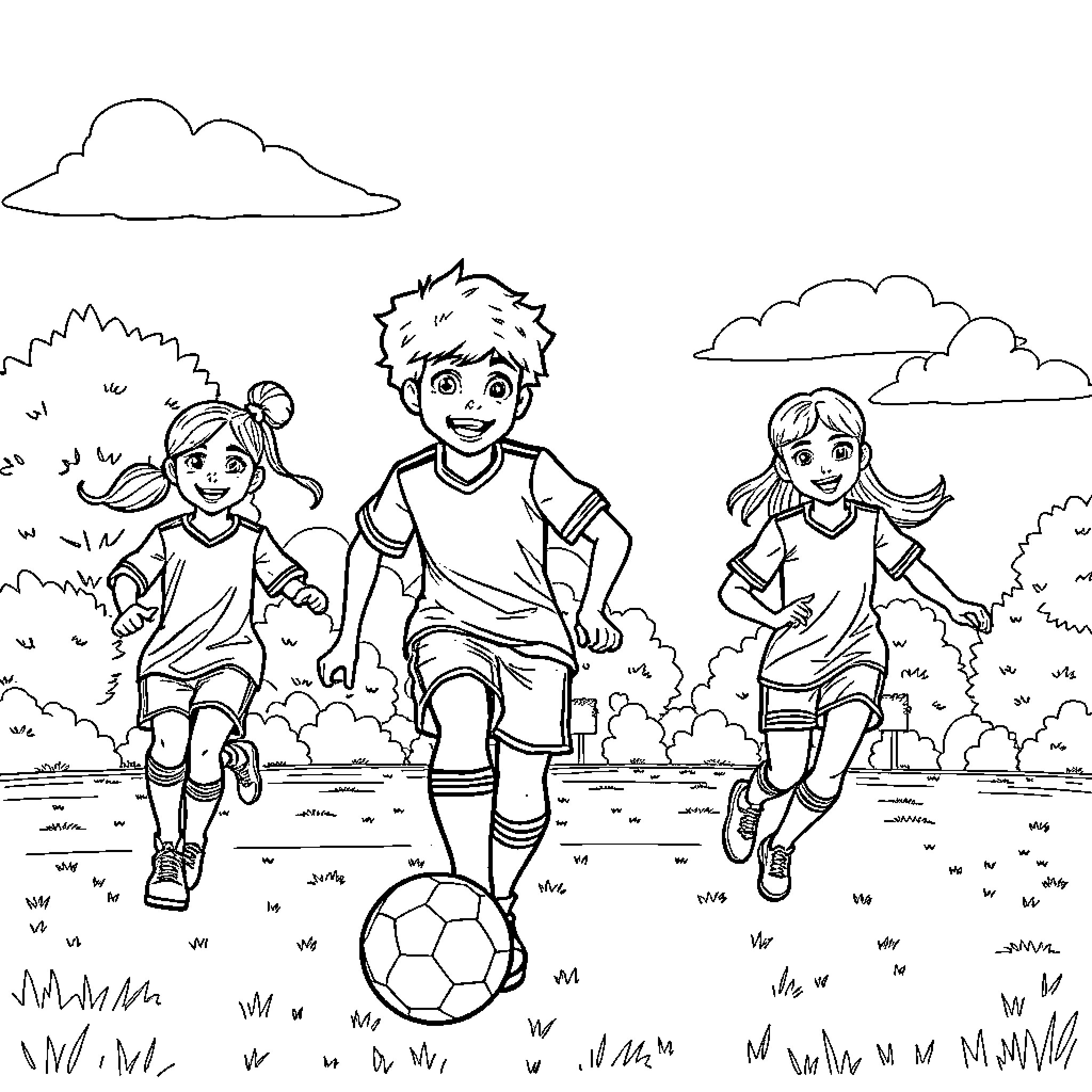 Rainbow High School Students Playing Soccer Coloring Page (free black-and-white line drawing printable PDF for all, from beginners to advanced learners, including children, teens, adults, and seniors)