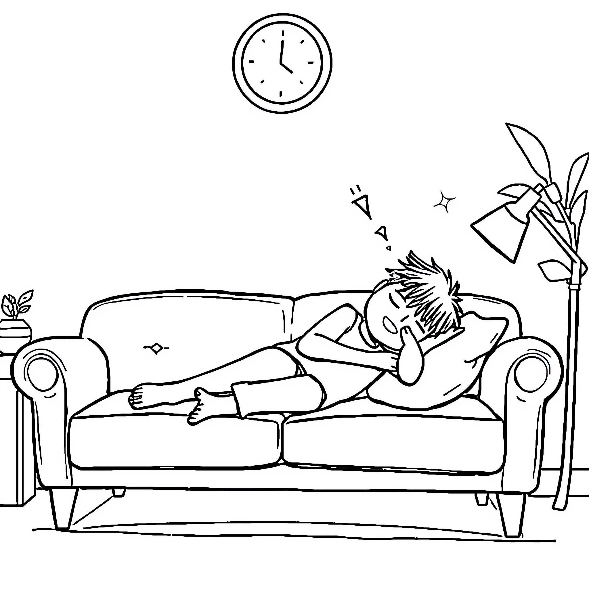 Crash Landing on a Comfortable Couch Coloring Page (free black-and-white line drawing printable PDF for all, from beginners to advanced learners, including children, teens, adults, and seniors)