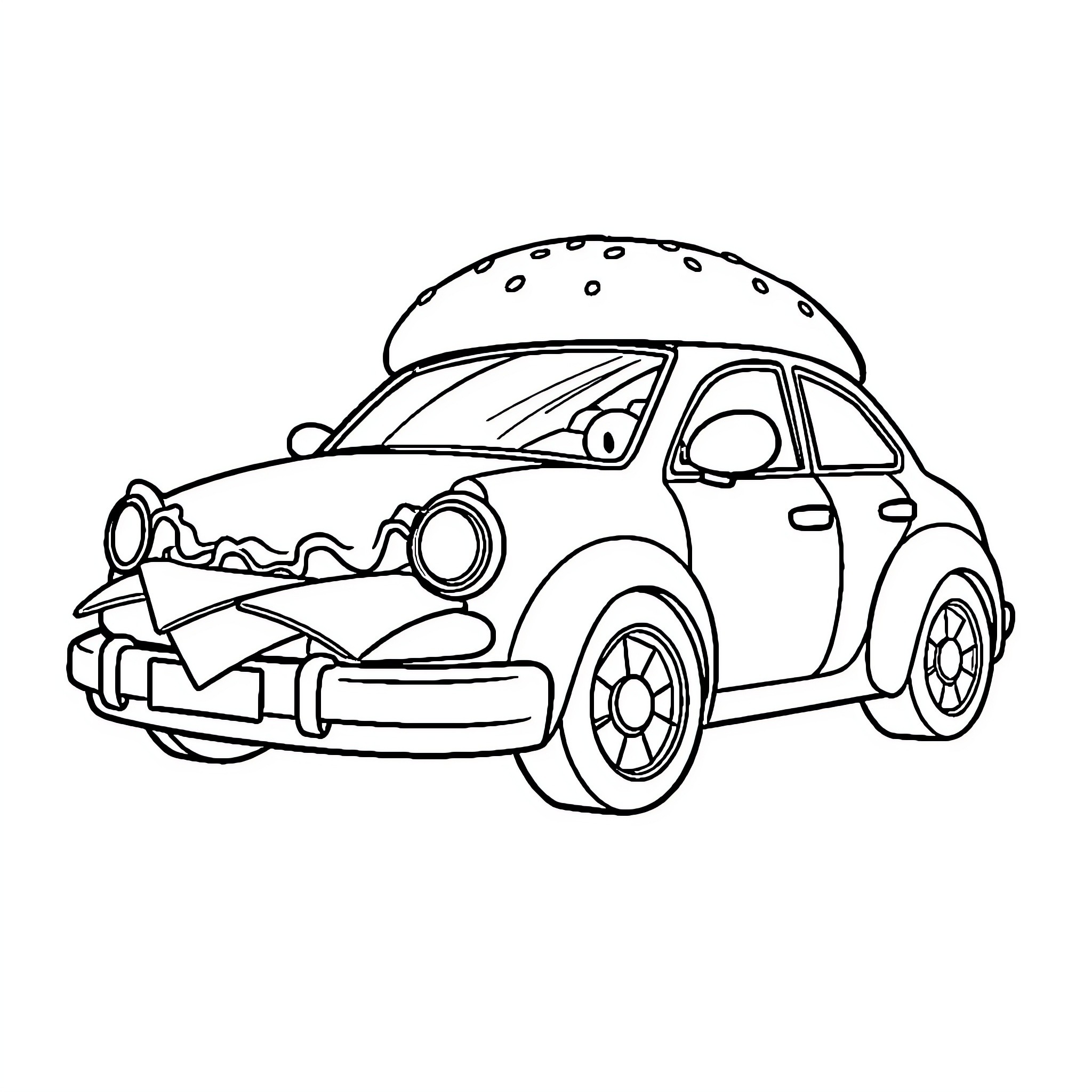 Hamburger Car Cartoon Illustration Coloring Page (free black-and-white line drawing printable PDF for all, from beginners to advanced learners, including children, teens, adults, and seniors)